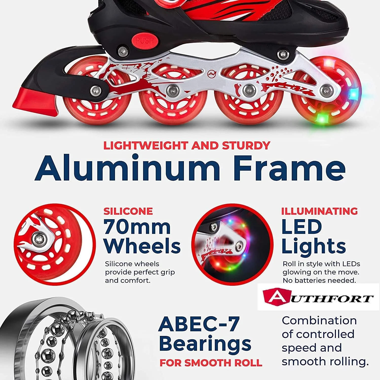 اسکیت غلتکی AUTHFORT برای دختران گروه سنی 7-12 سال، کفش های اسکیت اینلاین قابل تنظیم، چند رنگ (اینلاین قرمز)