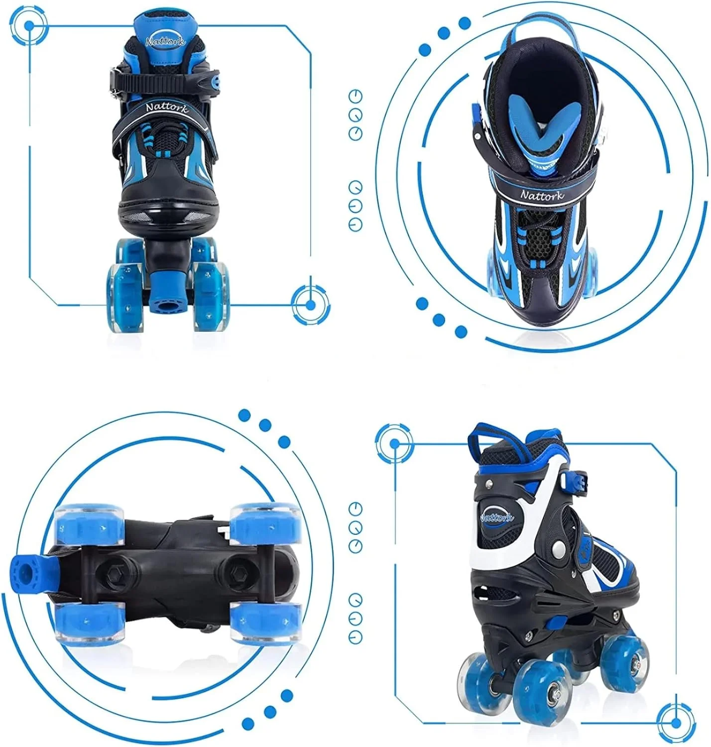 اسکیت غلتکی بچگانه Nattork برای دختران و پسران، 4 سایز قابل تنظیم با چرخ های چراغ دار، اسکیت های غلتکی سرگرم کننده برای کودکان نوپا و مبتدی، هدیه تولد کریسمس برای ورزش های داخل و خارج از منزل