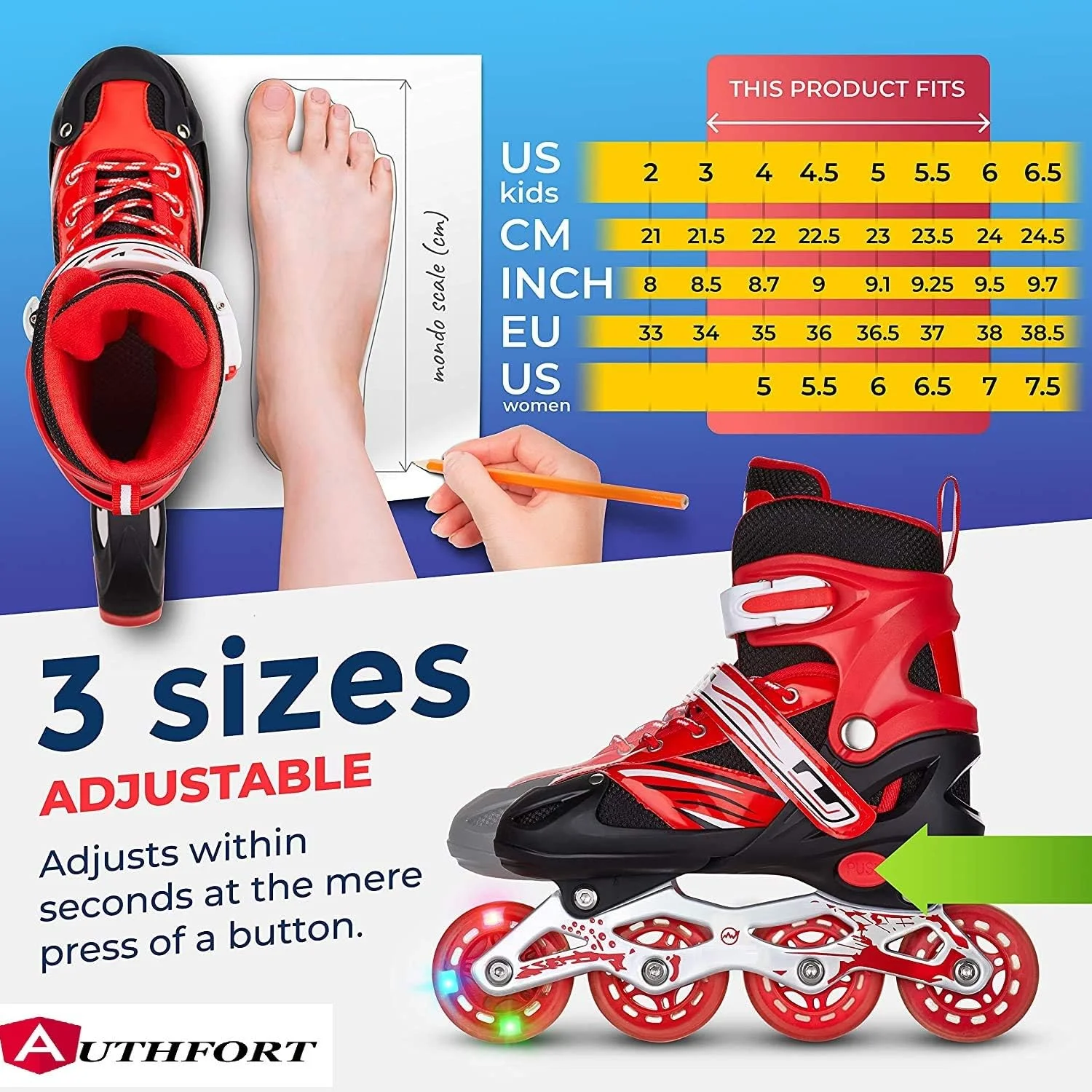اسکیت غلتکی AUTHFORT برای دختران گروه سنی 7-12 سال، کفش های اسکیت اینلاین قابل تنظیم، چند رنگ (اینلاین قرمز)