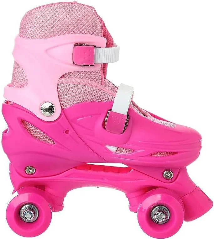 اسکیت های غلتکی چهار چرخ قابل تنظیم کودکان، صورتی، به همراه کلاه ایمنی و لوازم محافظ