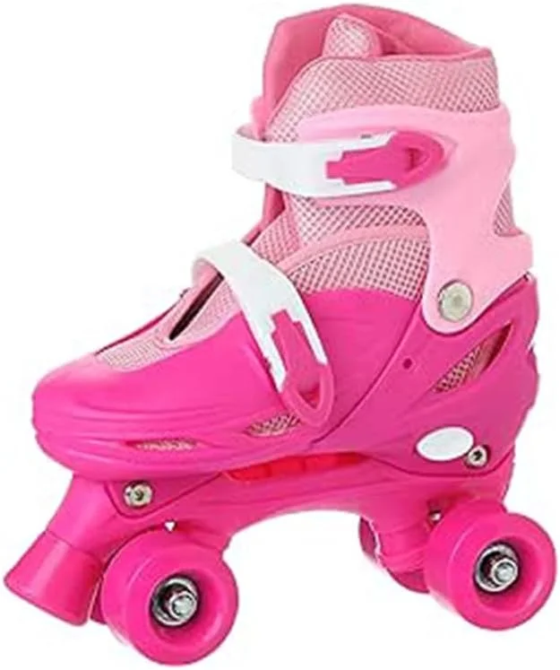 اسکیت های غلتکی چهار چرخ قابل تنظیم کودکان، صورتی، به همراه کلاه ایمنی و لوازم محافظ