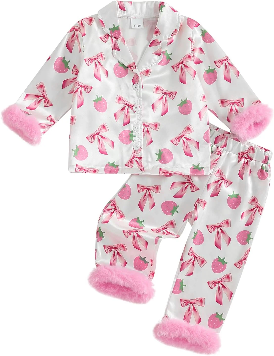 ست لباس خواب ساتن دخترانه MAHUAOYIXI با تزئین پر، آستین بلند، یقه برگردان، پاپیون، پیراهن طرح توت فرنگی دکمه دار، تاپ و شلوار الاستیک، لباس خواب و راحتی 2 تکه ست لباس خواب ساتن دخترانه MAHUAOYIXI با تزئین پر، آستین بلند، یقه برگردان، پاپیون، پیراهن طرح توت فرنگی دکمه دار، تاپ و شلوار الاستیک، لباس خواب و راحتی 2 تکه