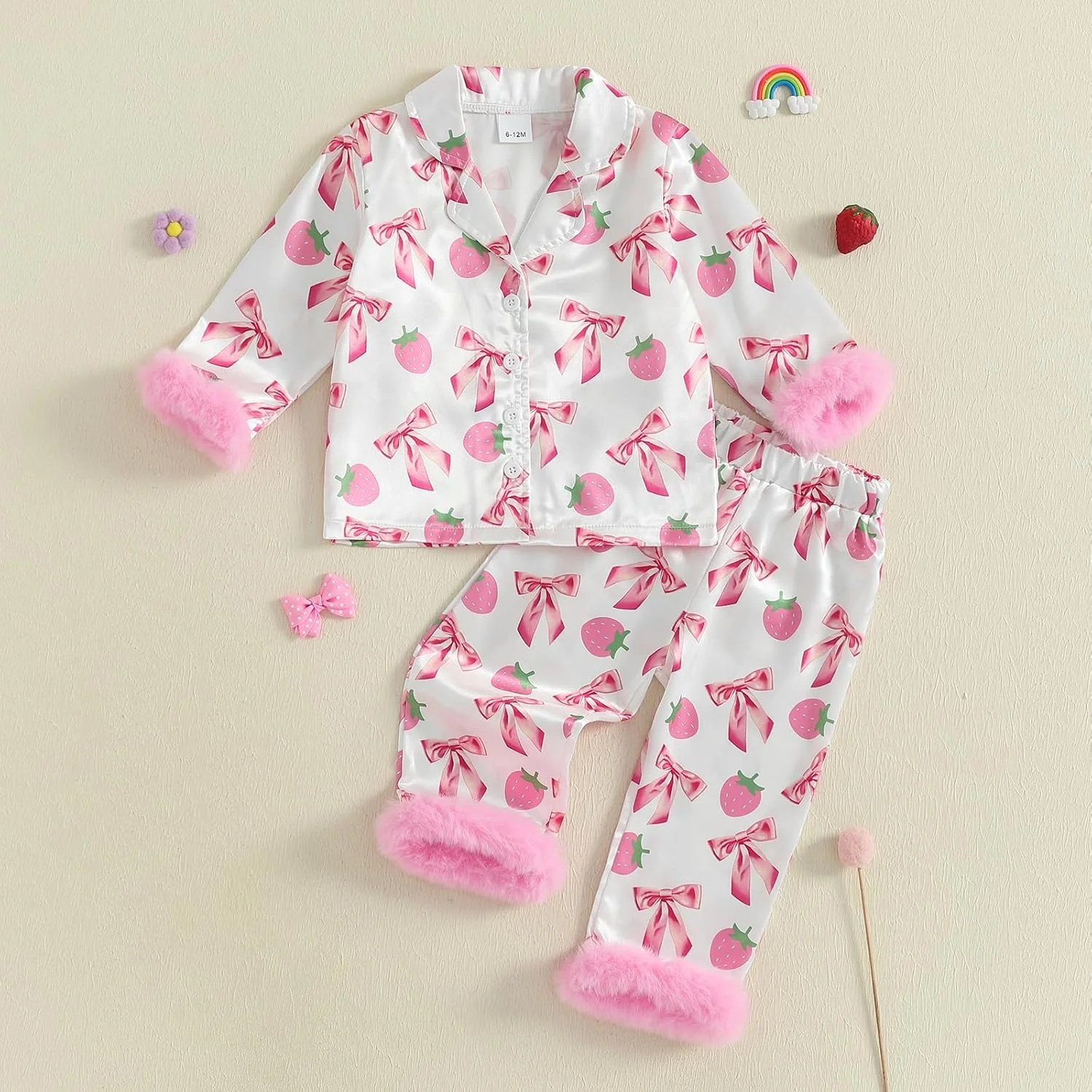 ست لباس خواب ساتن دخترانه MAHUAOYIXI با تزئین پر، آستین بلند، یقه برگردان، پاپیون، پیراهن طرح توت فرنگی دکمه دار، تاپ و شلوار الاستیک، لباس خواب و راحتی 2 تکه