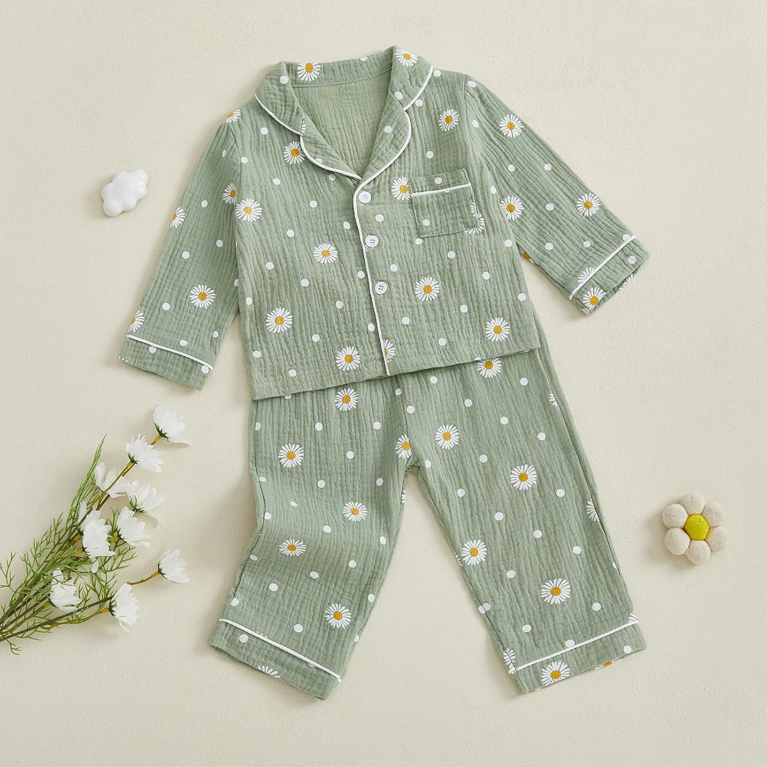 ست لباس خواب دخترانه بچه گانه M9ppzzur7، طرح گل بابونه، یقه هفت، جیب جلویی، آستین بلند، کمر کشی، شلوار راحت، ست 2 تکه ست لباس خواب دخترانه بچه گانه M9ppzzur7، طرح گل بابونه، یقه هفت، جیب جلویی، آستین بلند، کمر کشی، شلوار راحت، ست 2 تکه