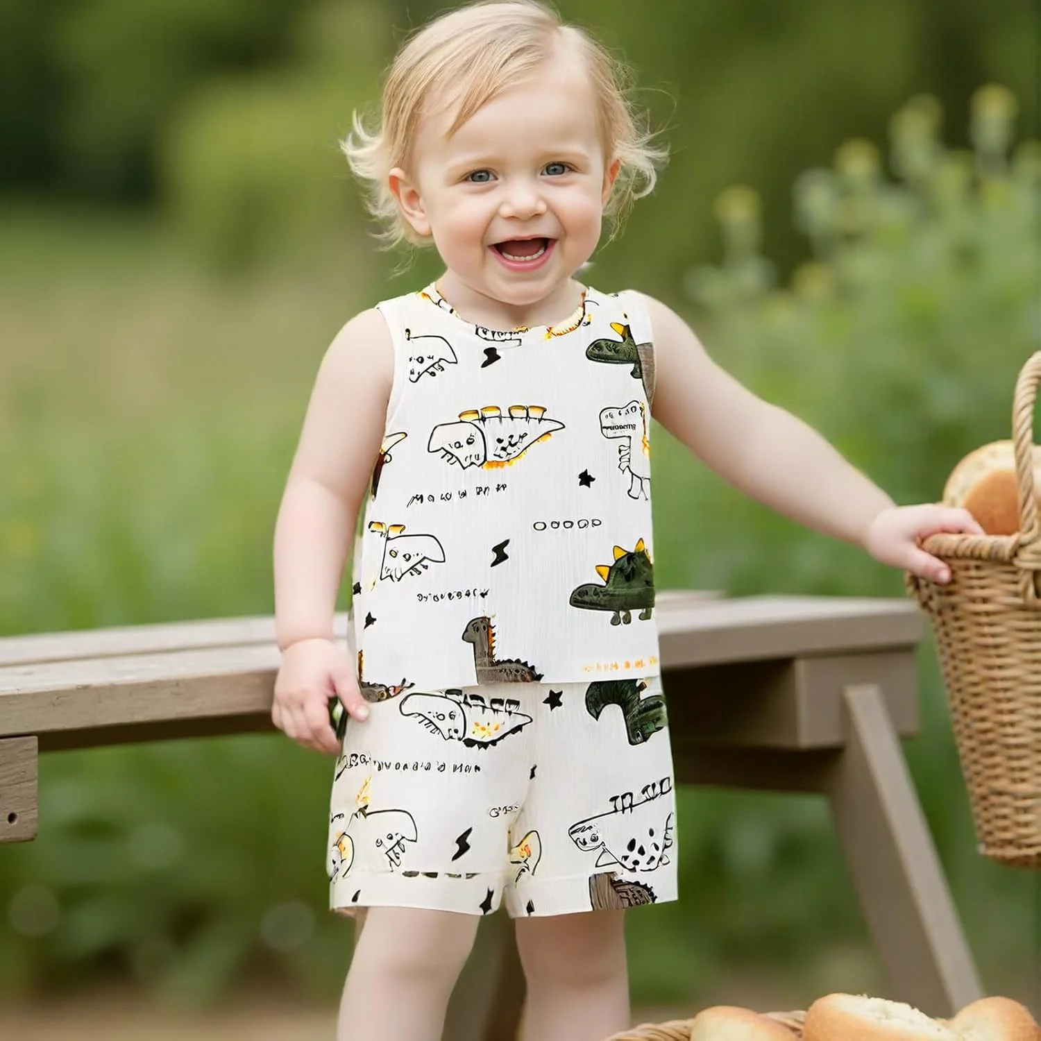 لباس تابستانی پسرانه Ledy Champswiin، تاپ پنبه ای طرح دایناسور و حروف چاپی + شورت خاکستری کشی 2 تکه لباس تابستانی پسرانه Ledy Champswiin، تاپ پنبه ای طرح دایناسور و حروف چاپی + شورت خاکستری کشی 2 تکه