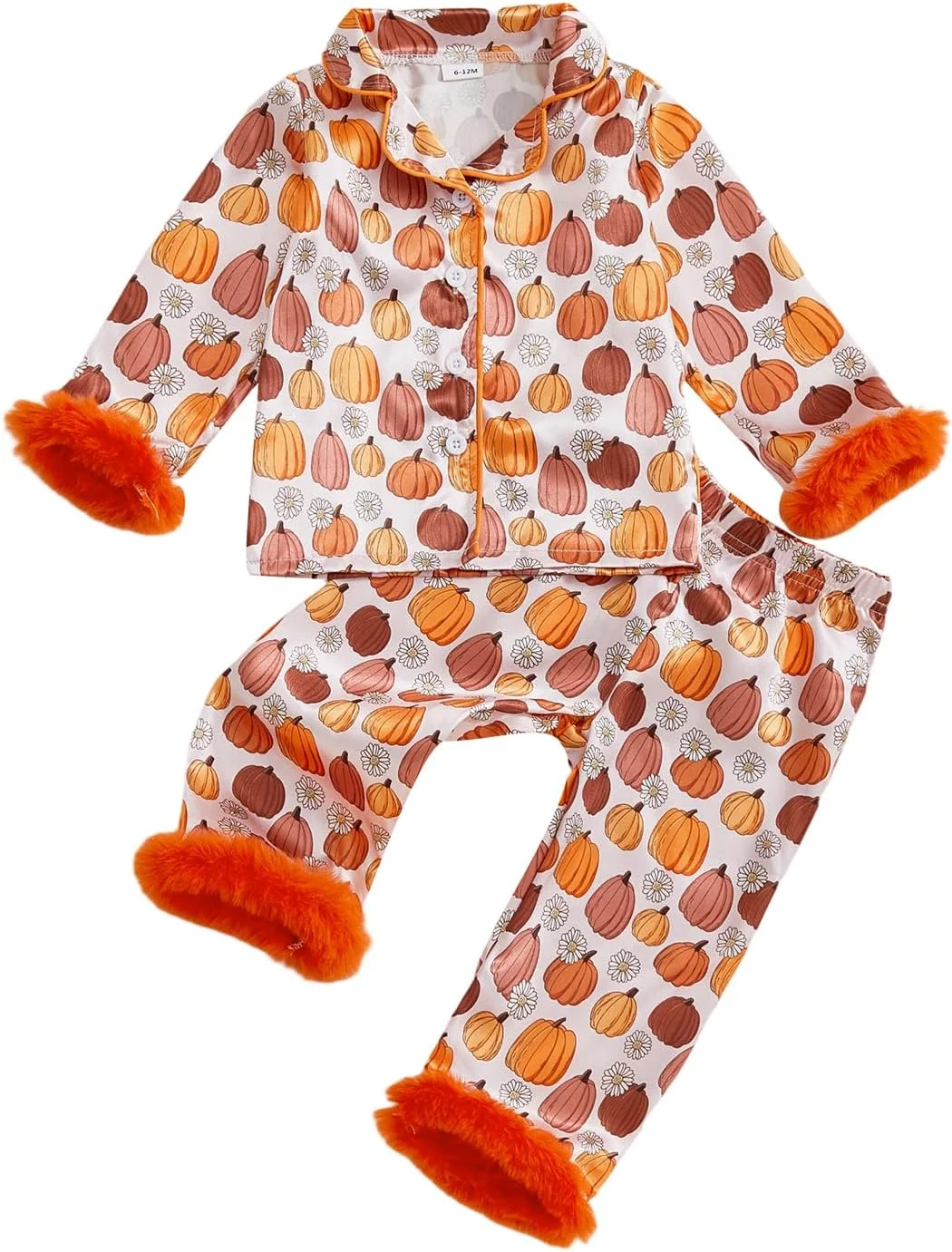 L&ieserram Girls Halloween Pajamas Set Long Sleeve Pumpkin Print Fur Cuffs Tops and Pants Set Sleepwear