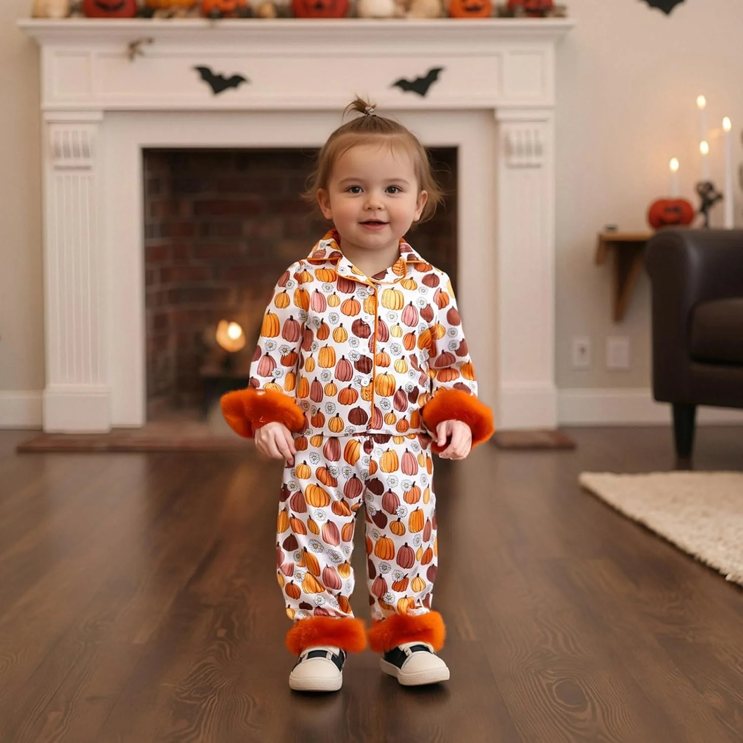 L&ieserram Girls Halloween Pajamas Set Long Sleeve Pumpkin Print Fur Cuffs Tops and Pants Set Sleepwear