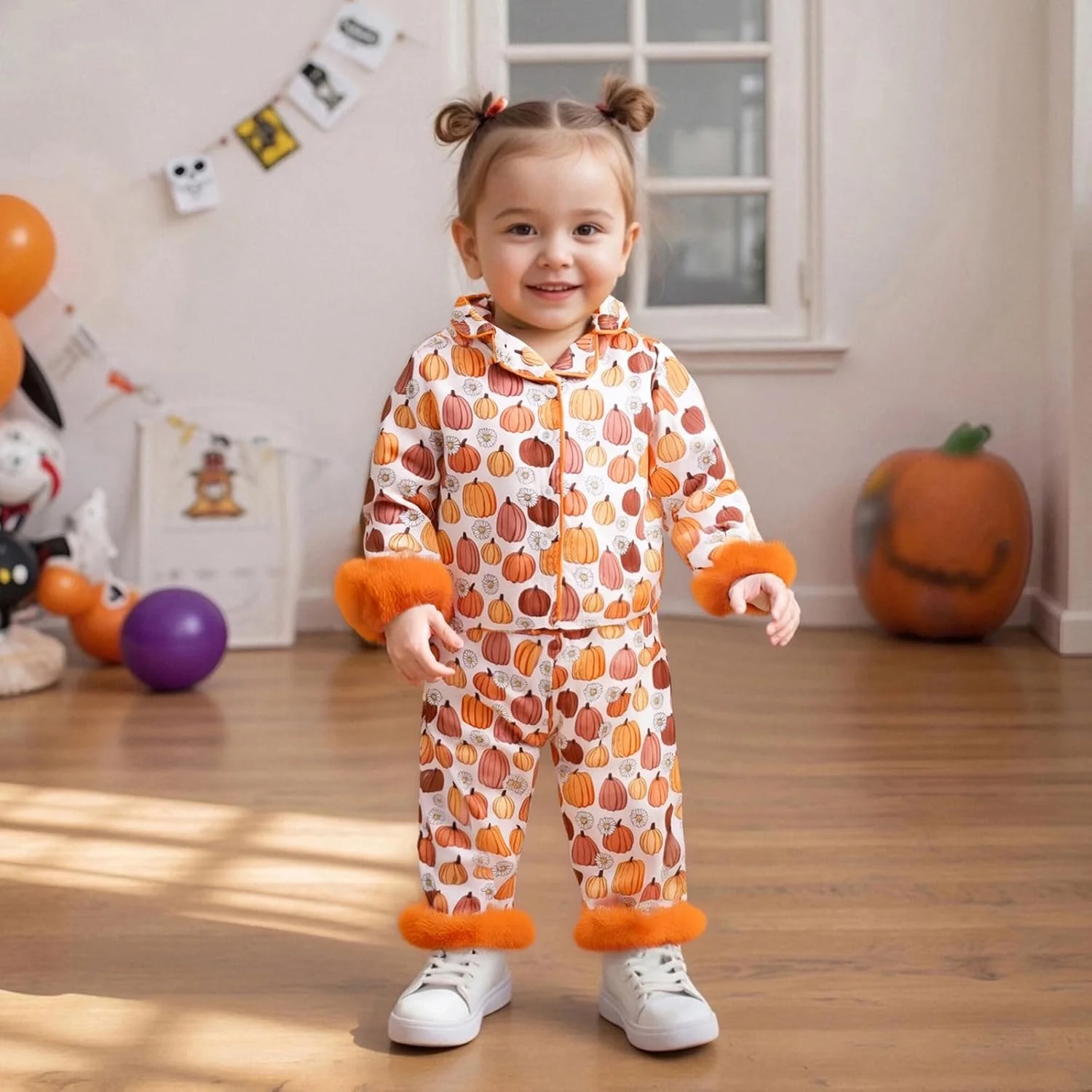 L&ieserram Girls Halloween Pajamas Set Long Sleeve Pumpkin Print Fur Cuffs Tops and Pants Set Sleepwear