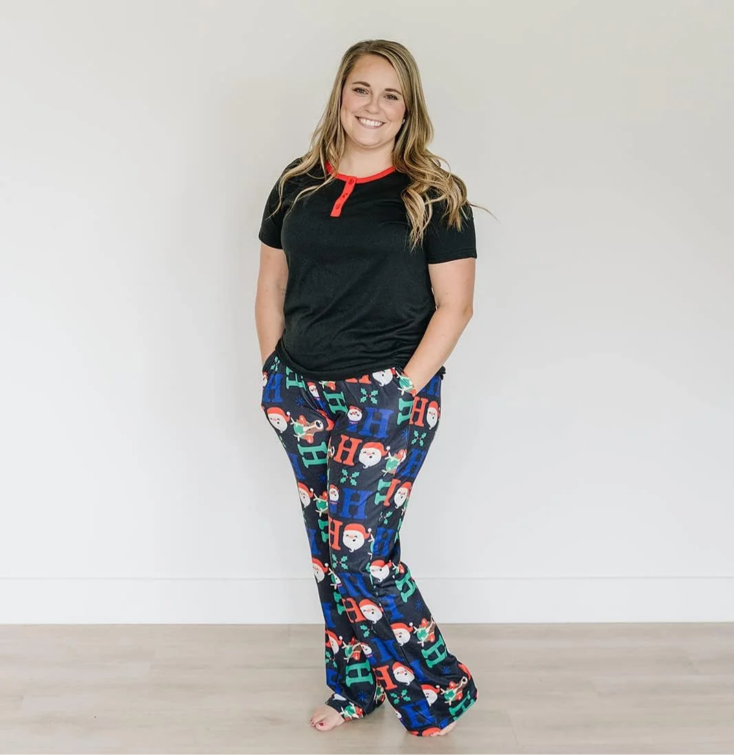 ست لباس خواب خانوادگی ست IFFEI، لباس راحتی آستین کوتاه مشکی و شلوار طرح HOHOHO، سایز 10-11 سال