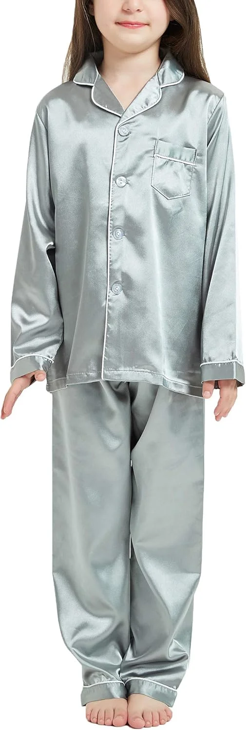 هپی چری - ست لباس خواب ساتن دخترانه پسرانه بچه گانه، لباس راحتی خنک تابستانی با جیب، یقه برگردان، کمر کشی راحت، آستین بلند، شلوار دکمه دار مناسب قد 80-160