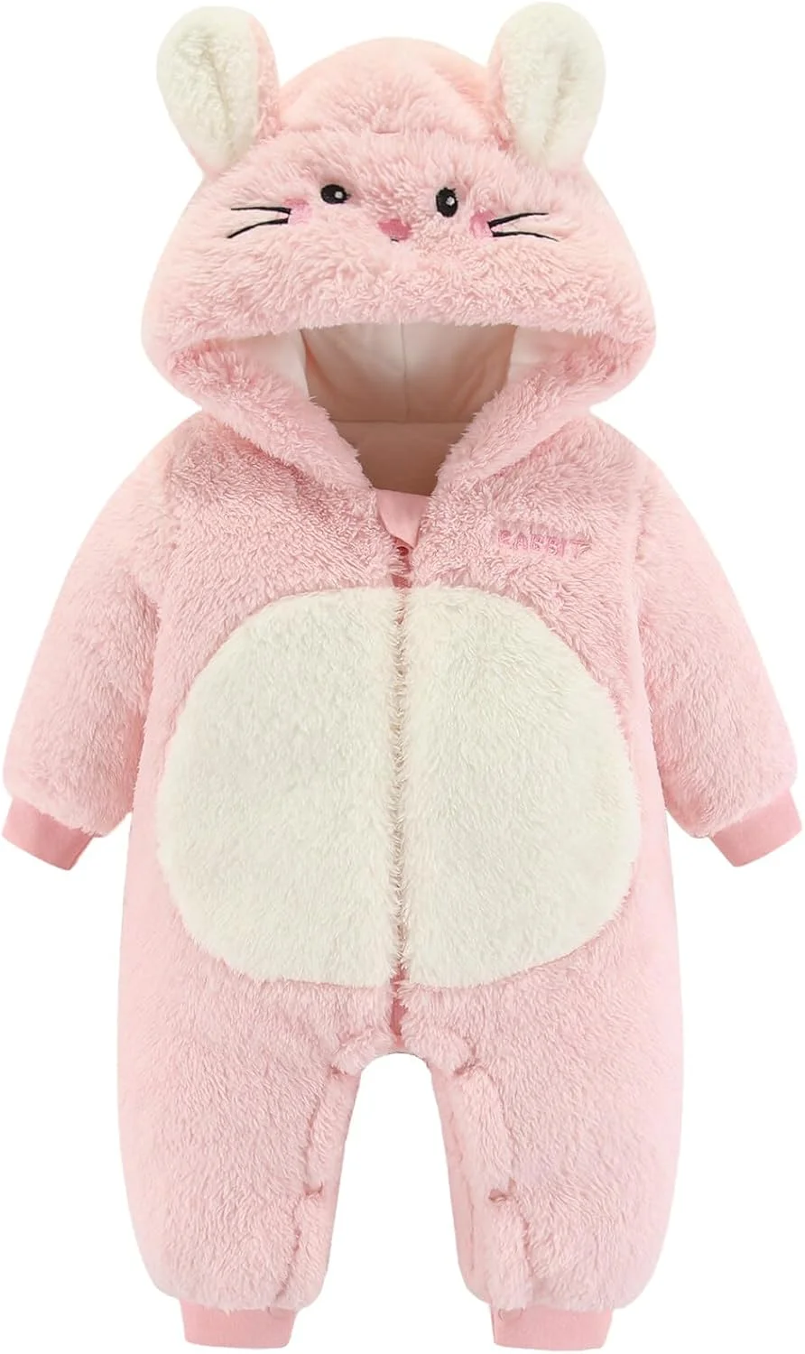 هپی چری - جامپسوت پشمی نوزادی آستین بلند کلاه دار، رامپر یک تکه گرم، لباس زمستانی نوزاد، لباس برفی کودک نوپا با گوش خرسی، بادی پنبه ای ضخیم و مخمل خواب دار برای 0-18 ماه