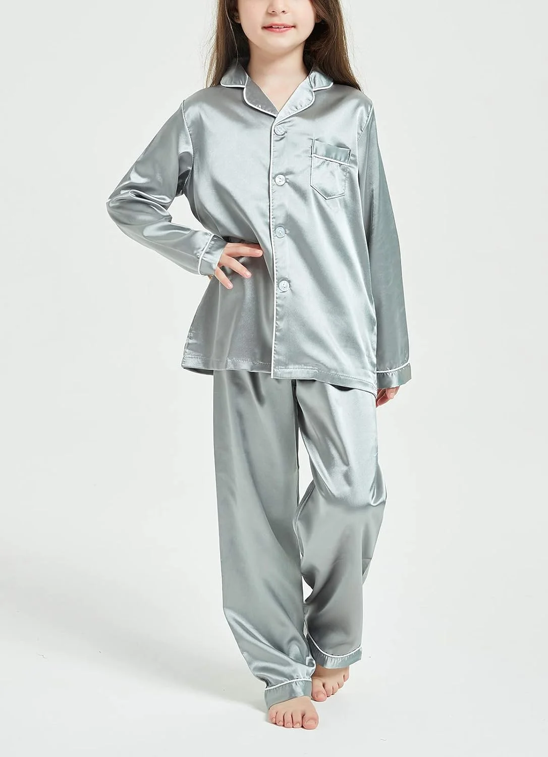 هپی چری - ست لباس خواب دخترانه و پسرانه بچه گانه، لباس راحتی ساتن، لباس خواب خنک تابستانی نوزاد با جیب، یقه برگردان، کمر کشی معمولی، پیراهن آستین بلند، شلوار دکمه دار برای قد 80-160