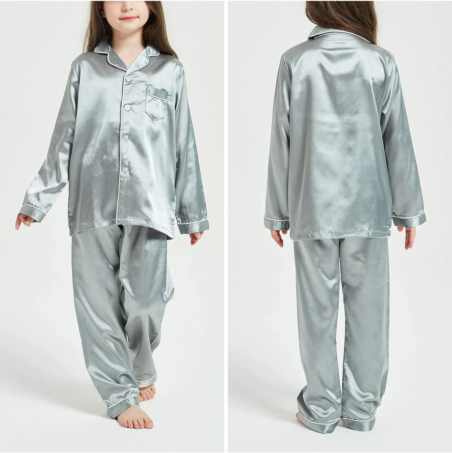 هپی چری - ست لباس خواب ساتن دخترانه پسرانه بچه گانه، لباس راحتی خنک تابستانی با جیب، یقه برگردان، کمر کشی راحت، آستین بلند، شلوار دکمه دار مناسب قد 80-160 هپی چری - ست لباس خواب ساتن دخترانه پسرانه بچه گانه، لباس راحتی خنک تابستانی با جیب، یقه برگردان، کمر کشی راحت، آستین بلند، شلوار دکمه دار مناسب قد 80-160