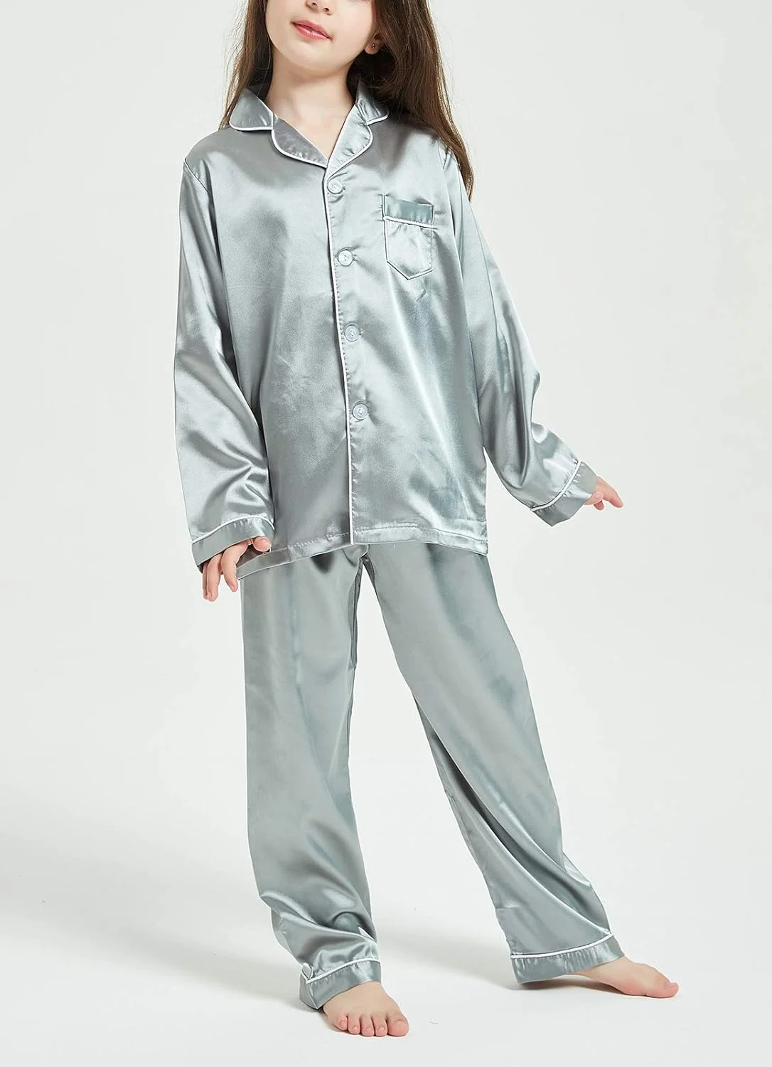 هپی چری - ست لباس خواب ساتن دخترانه پسرانه بچه گانه، لباس راحتی خنک تابستانی با جیب، یقه برگردان، کمر کشی راحت، آستین بلند، شلوار دکمه دار مناسب قد 80-160 هپی چری - ست لباس خواب ساتن دخترانه پسرانه بچه گانه، لباس راحتی خنک تابستانی با جیب، یقه برگردان، کمر کشی راحت، آستین بلند، شلوار دکمه دار مناسب قد 80-160