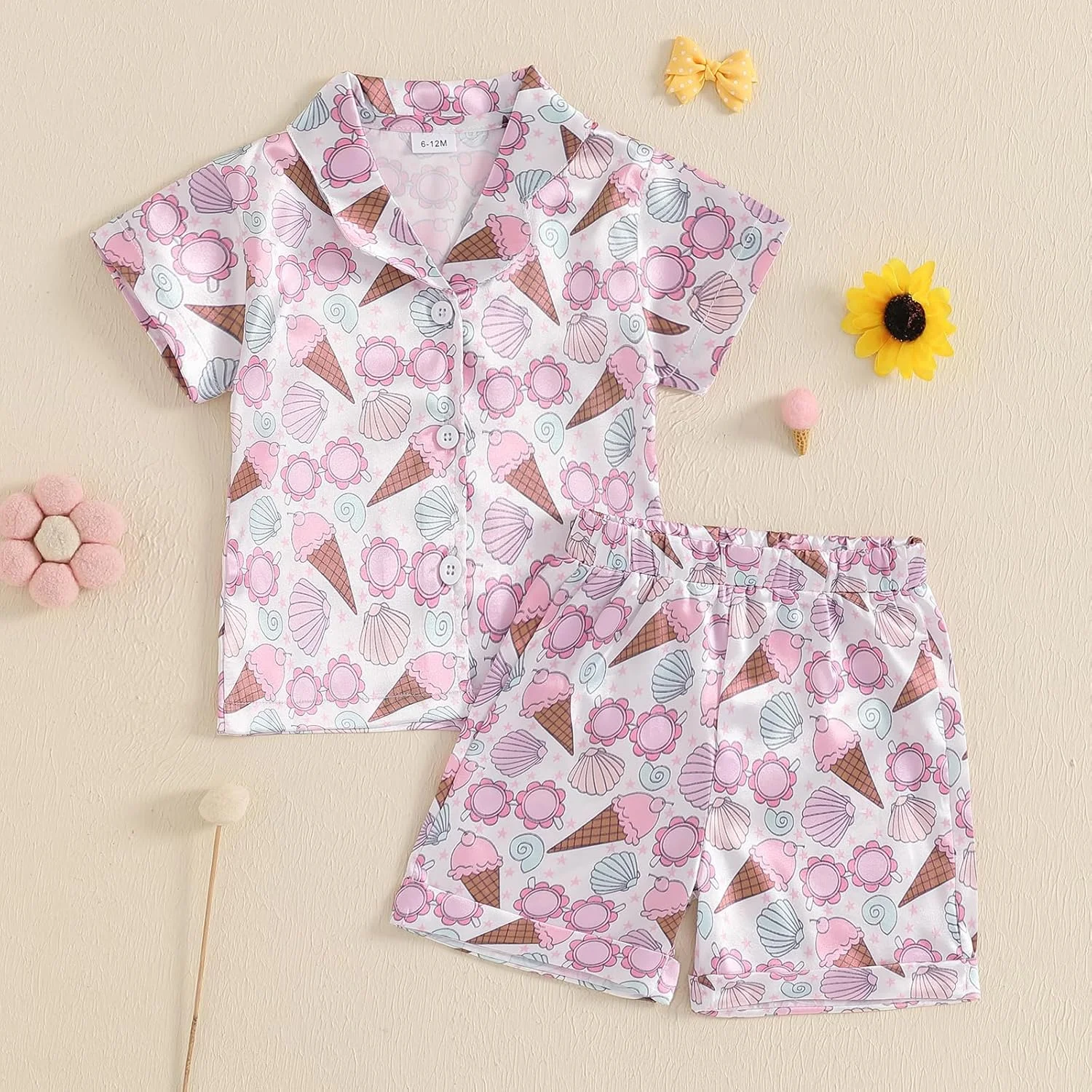 Geagodelia Toddler Baby Girl Satin Pajamas Outfits Short Sleeve Lapel Neck Bow/Floral/Fruit Print Shirts Tops with Elastic Shorts Sets Sleepwear Loungewear for Little Girls Geagodelia Toddler Baby Girl Satin Pajamas Outfits Short Sleeve Lapel Neck Bow/Floral/Fruit Print Shirts Tops with Elastic Shorts Sets Sleepwear Loungewear for Little Girls