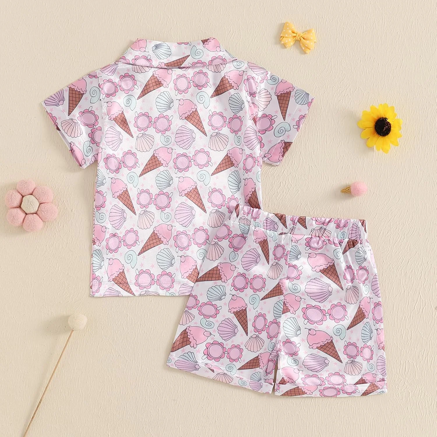 Geagodelia Toddler Baby Girl Satin Pajamas Outfits Short Sleeve Lapel Neck Bow/Floral/Fruit Print Shirts Tops with Elastic Shorts Sets Sleepwear Loungewear for Little Girls Geagodelia Toddler Baby Girl Satin Pajamas Outfits Short Sleeve Lapel Neck Bow/Floral/Fruit Print Shirts Tops with Elastic Shorts Sets Sleepwear Loungewear for Little Girls