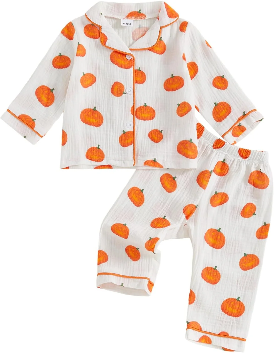 لباس خواب هالووین بچگانه طرح کدو تنبل، پیراهن آستین بلند دکمه دار و شلوار، لباس خواب پنبه ای و کتانی