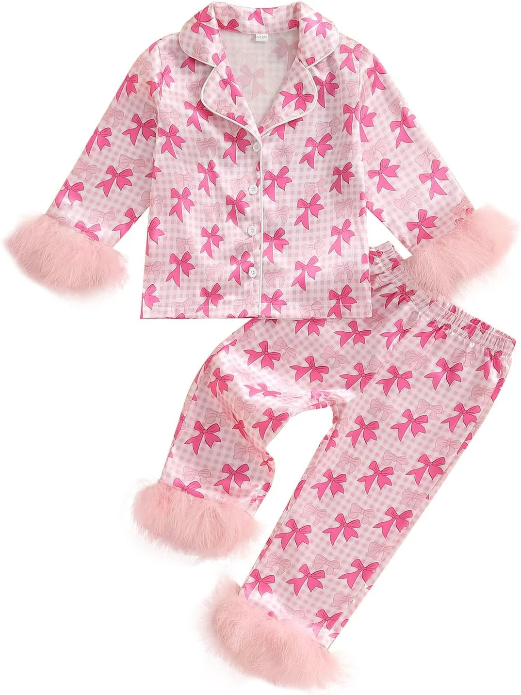 لباس خواب ساتن دخترانه بچه نوپا Geagodelia، لباس‌های آستین بلند با حاشیه کرکی و طرح پاپیون، پیراهن‌های دکمه‌دار یقه برگردان با شلوارهای کمر کشی، لباس خواب و راحتی برای دختران کوچک