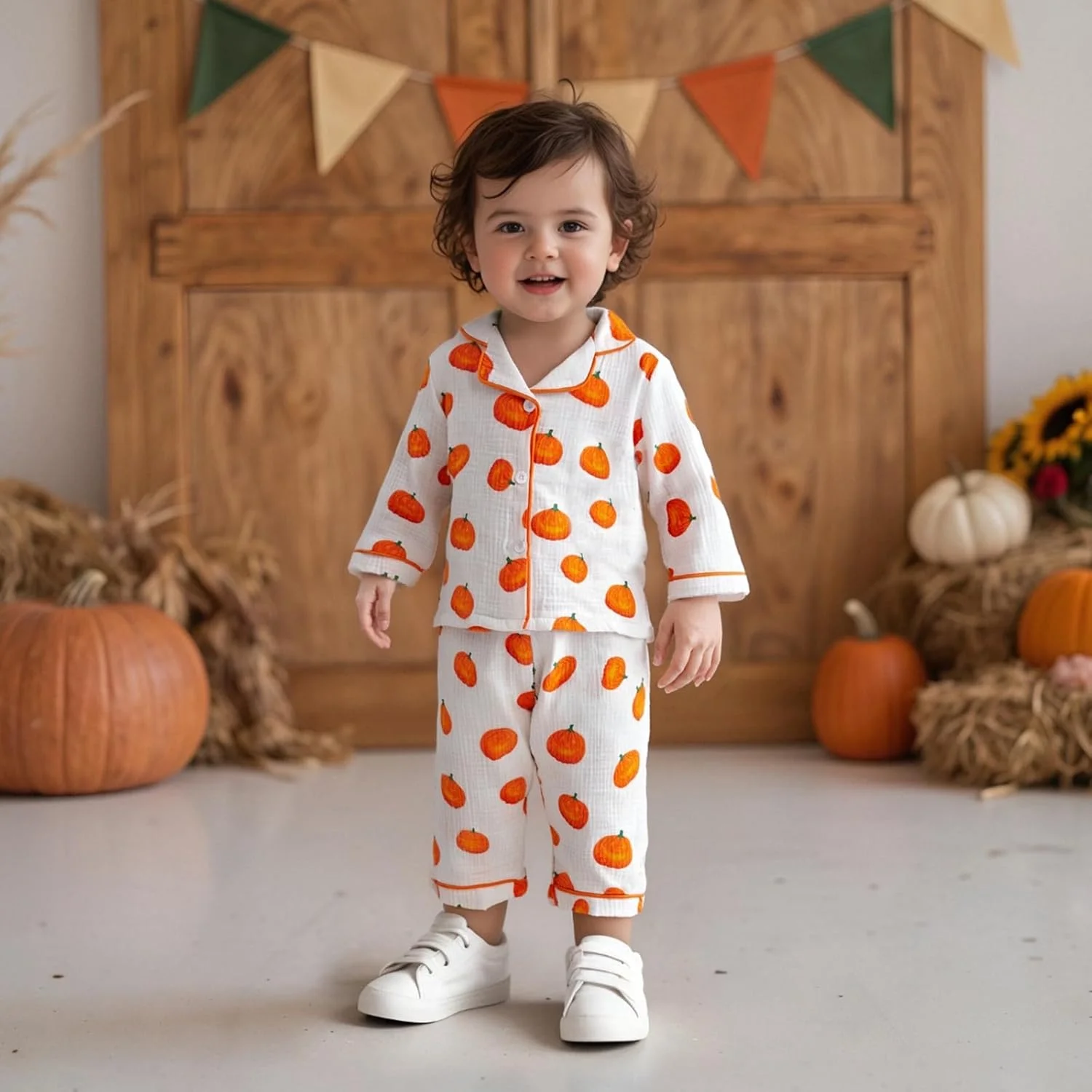 لباس خواب هالووین بچگانه طرح کدو تنبل، پیراهن آستین بلند دکمه دار و شلوار، لباس خواب پنبه ای و کتانی