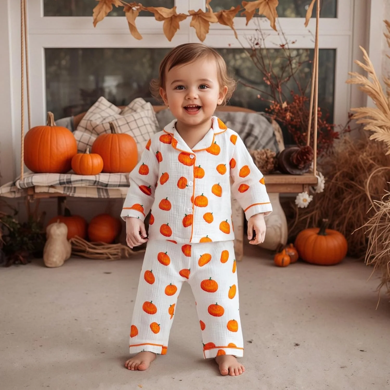 لباس خواب هالووین بچگانه طرح کدو تنبل، پیراهن آستین بلند دکمه دار و شلوار، لباس خواب پنبه ای و کتانی