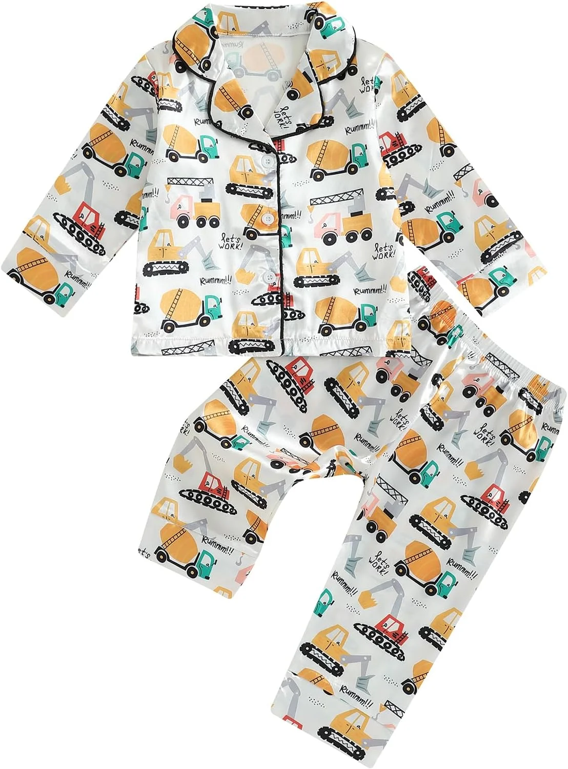 ست لباس خواب ساتن پسرانه و دخترانه MAHUAOYIXI، آستین بلند، یقه برگردان، طرح وسایل نقلیه، دکمه دار، شامل تیشرت و شلوار کمر کشی، 2 تکه، لباس خواب و راحتی کودک