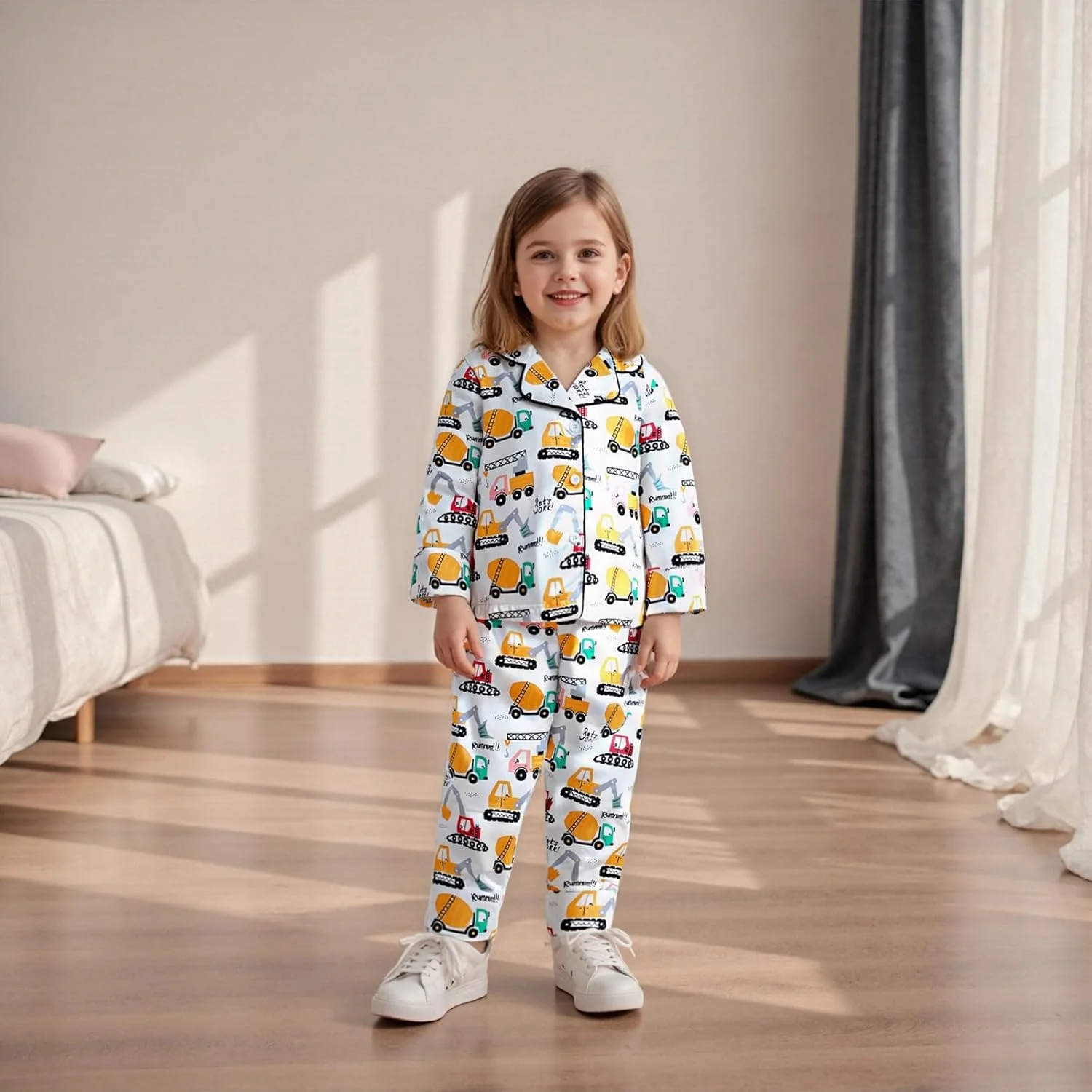 ست لباس خواب ساتن پسرانه و دخترانه MAHUAOYIXI، آستین بلند، یقه برگردان، طرح وسایل نقلیه، دکمه دار، شامل تیشرت و شلوار کمر کشی، 2 تکه، لباس خواب و راحتی کودک