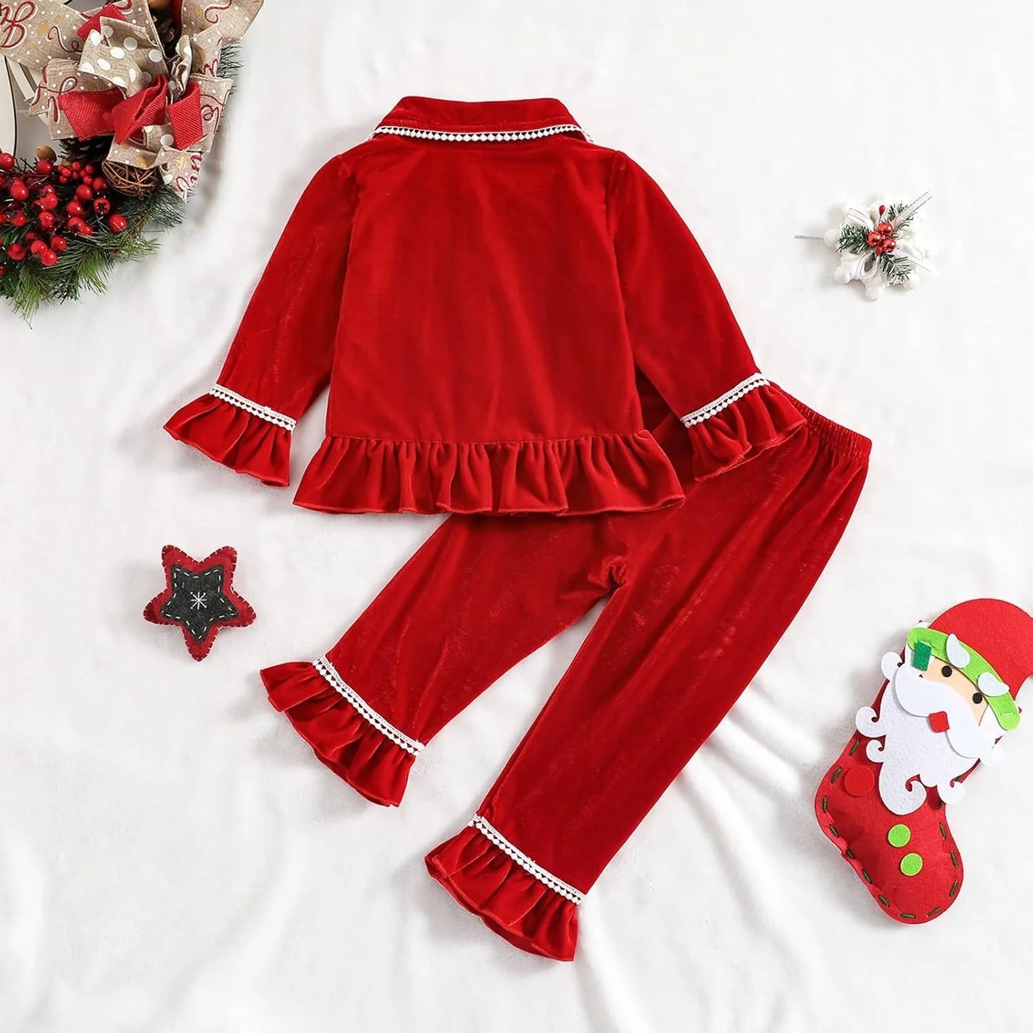 لباس خواب بچگانه کریسمس، لباس ولنتاین دخترانه، پیژامه آستین بلند، بلوز دکمه دار چین دار، شلوار، لباس پاییزی خانگی لباس خواب بچگانه کریسمس، لباس ولنتاین دخترانه، پیژامه آستین بلند، بلوز دکمه دار چین دار، شلوار، لباس پاییزی خانگی