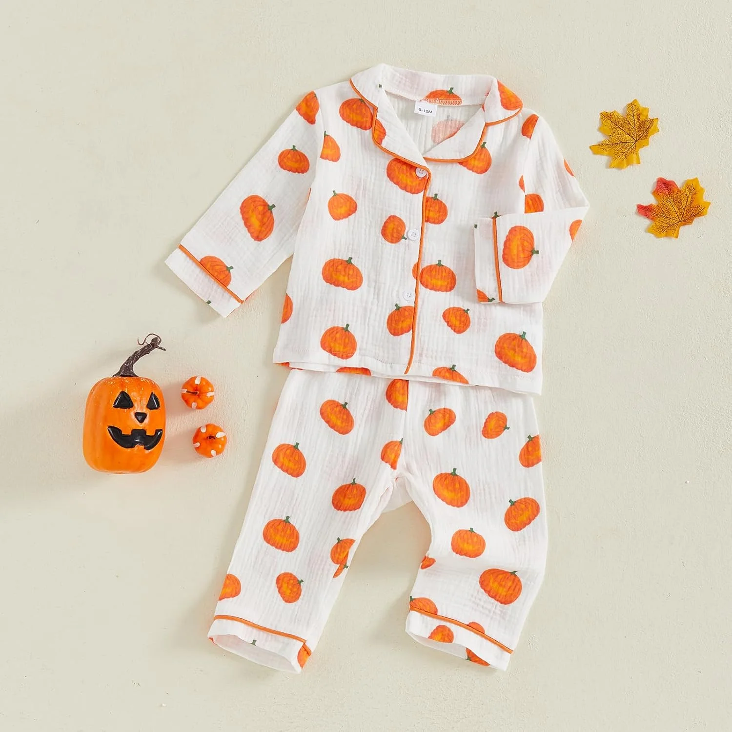 لباس خواب هالووین بچگانه طرح کدو تنبل، پیراهن آستین بلند دکمه دار و شلوار، لباس خواب پنبه ای و کتانی