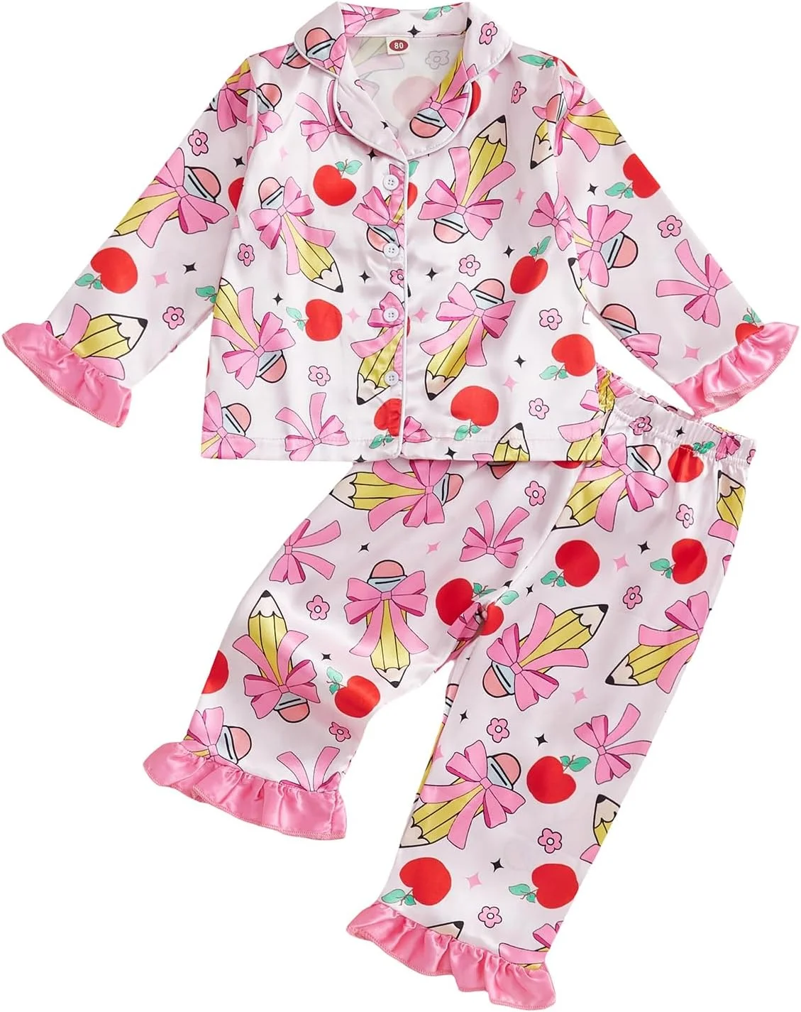 ست پیژامه ساتن دخترانه Geagodelia، آستین بلند، یقه برگردان، طرح سیب و پاپیون، پیراهن دکمه دار و شلوار با کمر کشی، لباس خواب و راحتی برای دختران