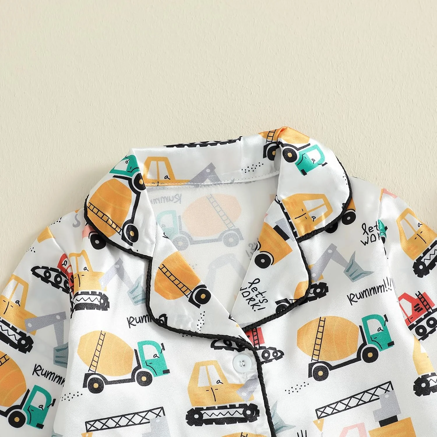 ست لباس خواب ساتن پسرانه و دخترانه MAHUAOYIXI، آستین بلند، یقه برگردان، طرح وسایل نقلیه، دکمه دار، شامل تیشرت و شلوار کمر کشی، 2 تکه، لباس خواب و راحتی کودک