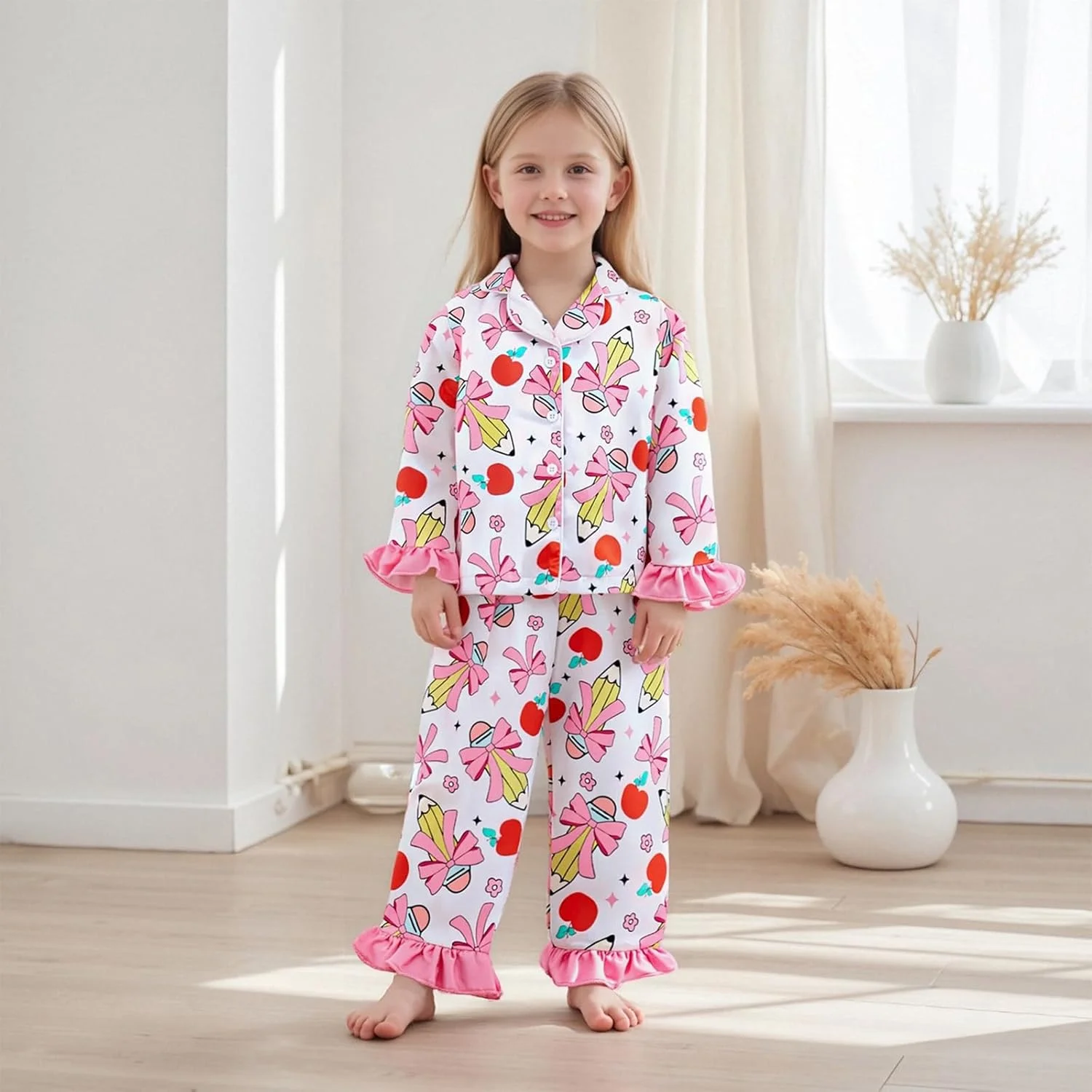 ست پیژامه ساتن دخترانه Geagodelia، آستین بلند، یقه برگردان، طرح سیب و پاپیون، پیراهن دکمه دار و شلوار با کمر کشی، لباس خواب و راحتی برای دختران