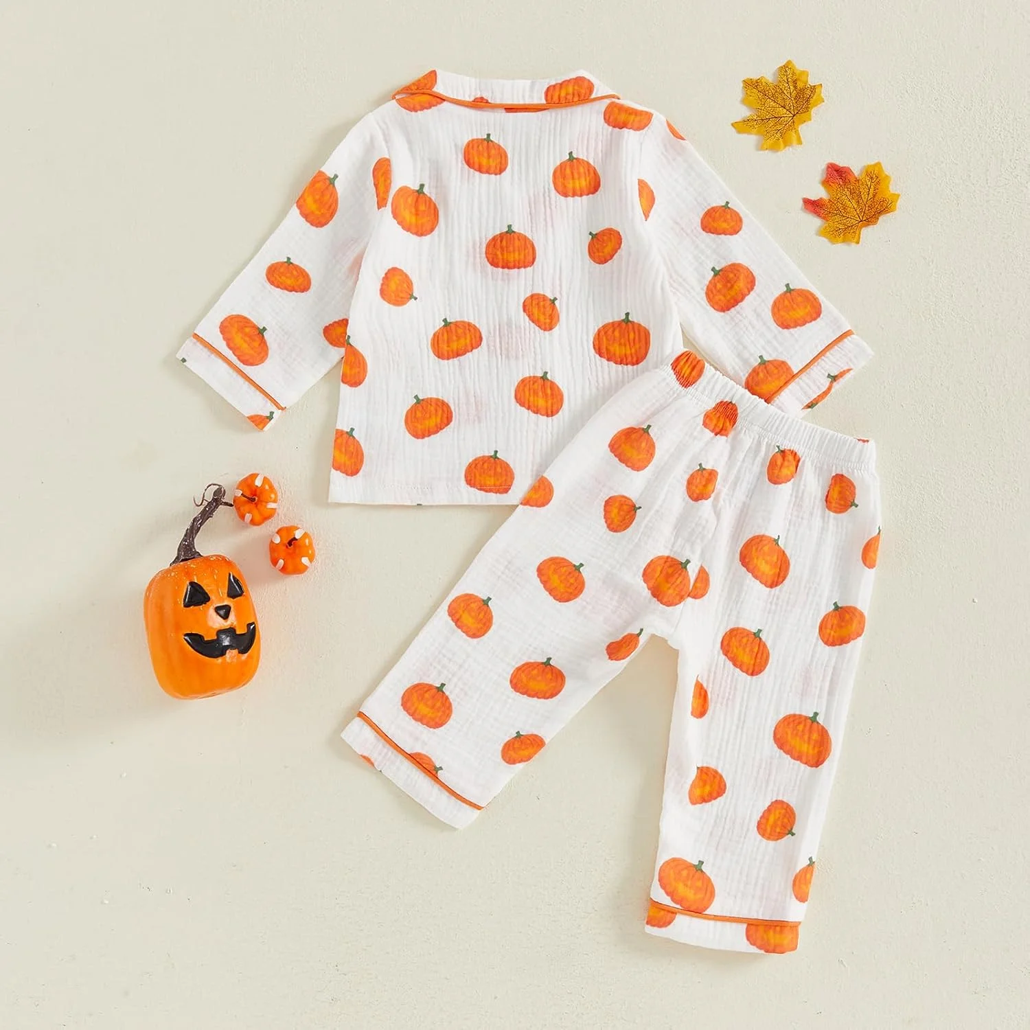 لباس خواب هالووین بچگانه طرح کدو تنبل، پیراهن آستین بلند دکمه دار و شلوار، لباس خواب پنبه ای و کتانی