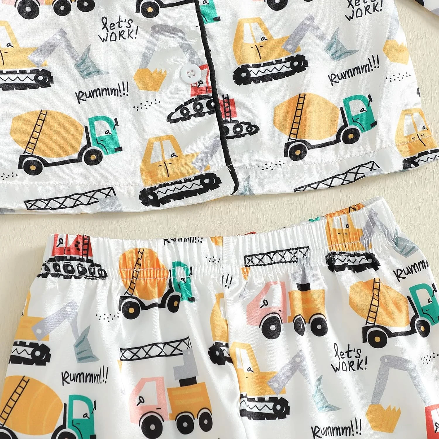 ست لباس خواب ساتن پسرانه و دخترانه MAHUAOYIXI، آستین بلند، یقه برگردان، طرح وسایل نقلیه، دکمه دار، شامل تیشرت و شلوار کمر کشی، 2 تکه، لباس خواب و راحتی کودک