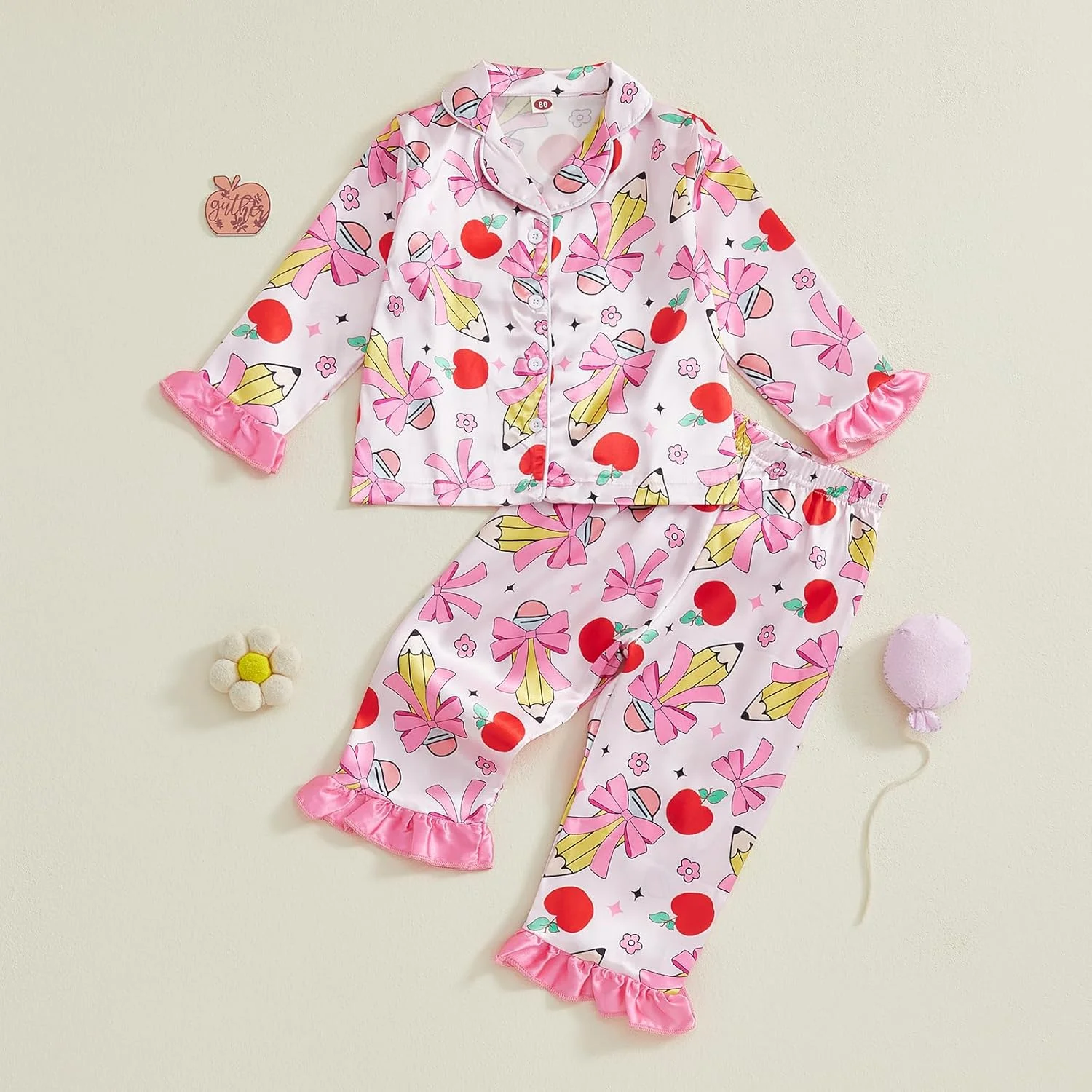 ست پیژامه ساتن دخترانه Geagodelia، آستین بلند، یقه برگردان، طرح سیب و پاپیون، پیراهن دکمه دار و شلوار با کمر کشی، لباس خواب و راحتی برای دختران