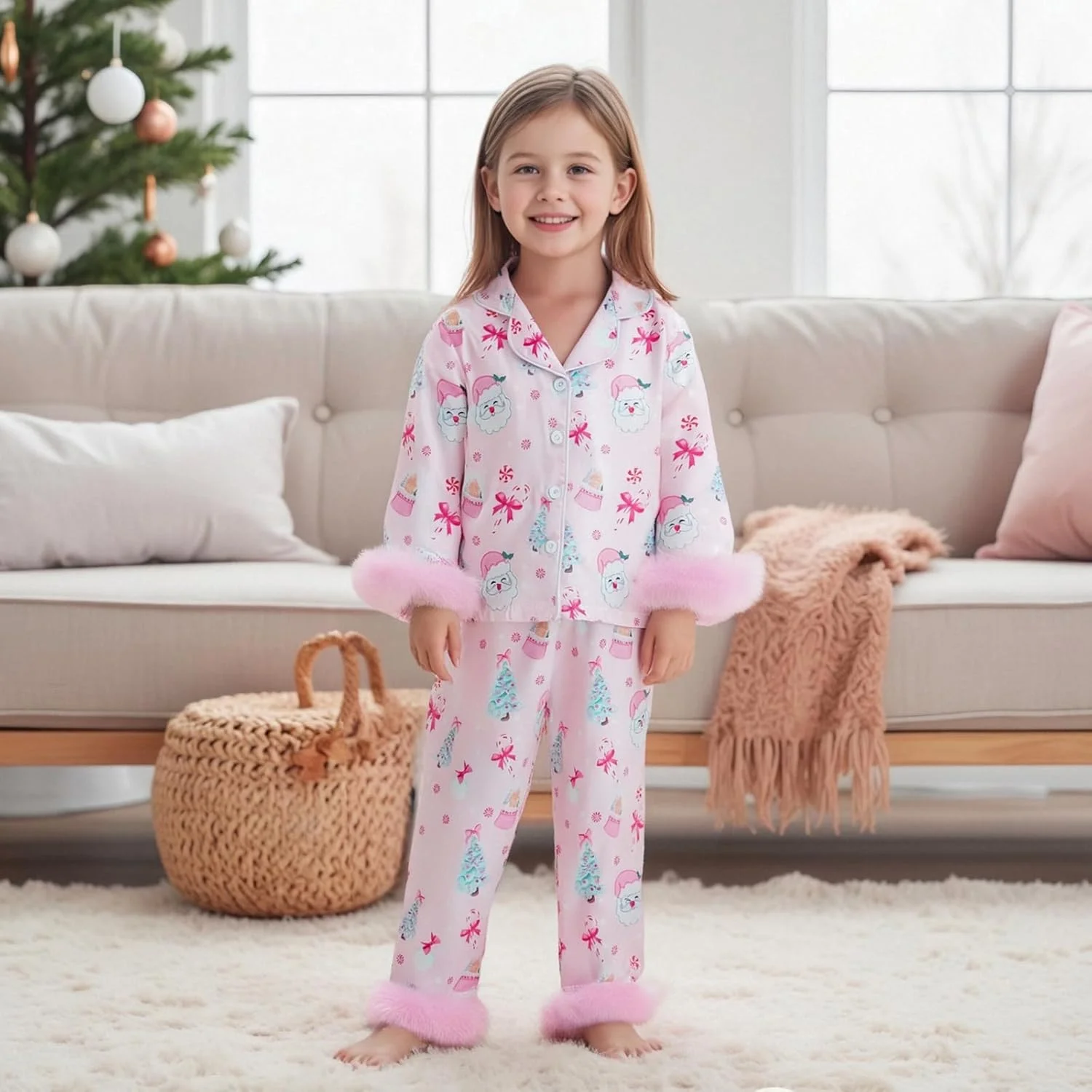 ست لباس خواب کریسمس دخترانه Kouoybt، طرح بابانوئل و پاپیون، دکمه دار، 2 تکه، آستین بلند، تاپ و شلوار