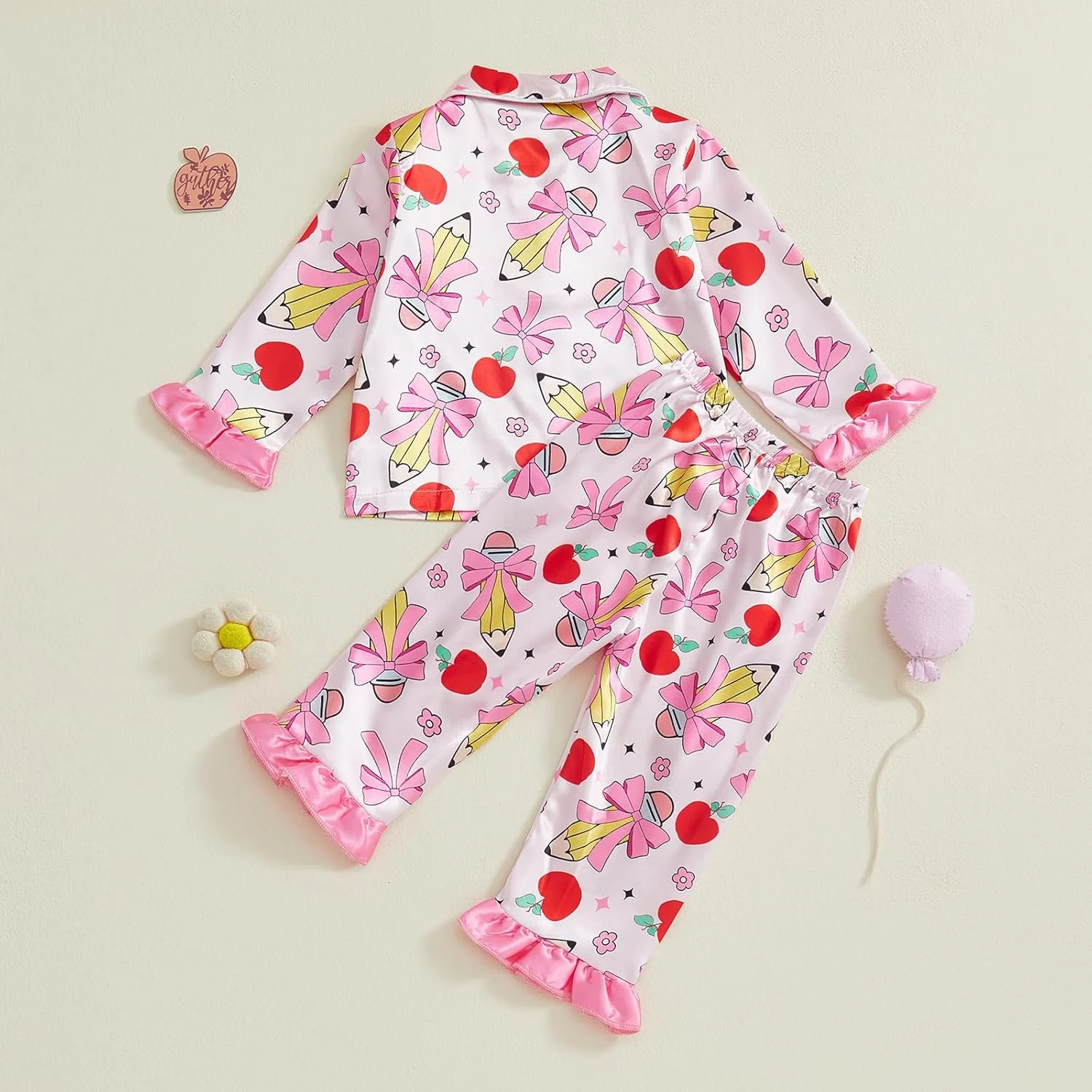 ست پیژامه ساتن دخترانه Geagodelia، آستین بلند، یقه برگردان، طرح سیب و پاپیون، پیراهن دکمه دار و شلوار با کمر کشی، لباس خواب و راحتی برای دختران