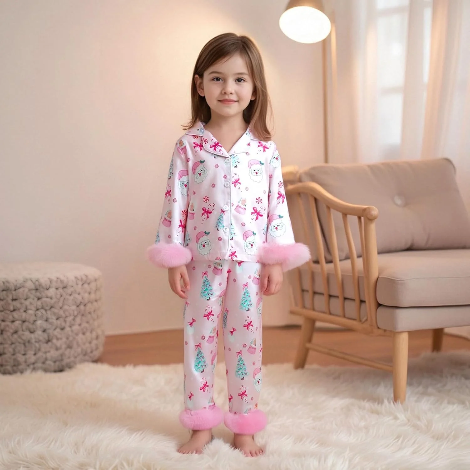 ست لباس خواب کریسمس دخترانه Kouoybt، طرح بابانوئل و پاپیون، دکمه دار، 2 تکه، آستین بلند، تاپ و شلوار