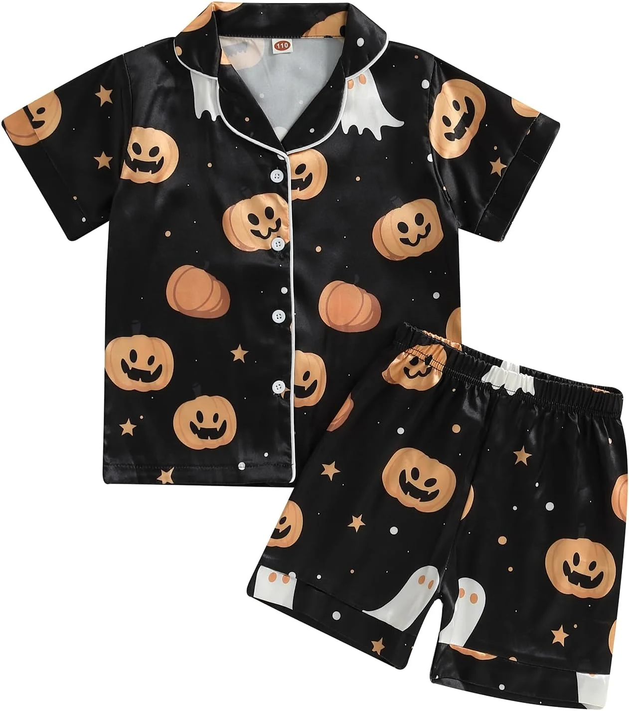 ست پیژامه ساتن پسرانه بچه گانه Edhomenn با طرح شبح و کدو تنبل، آستین کوتاه، دکمه دار، لباس خواب و راحتی