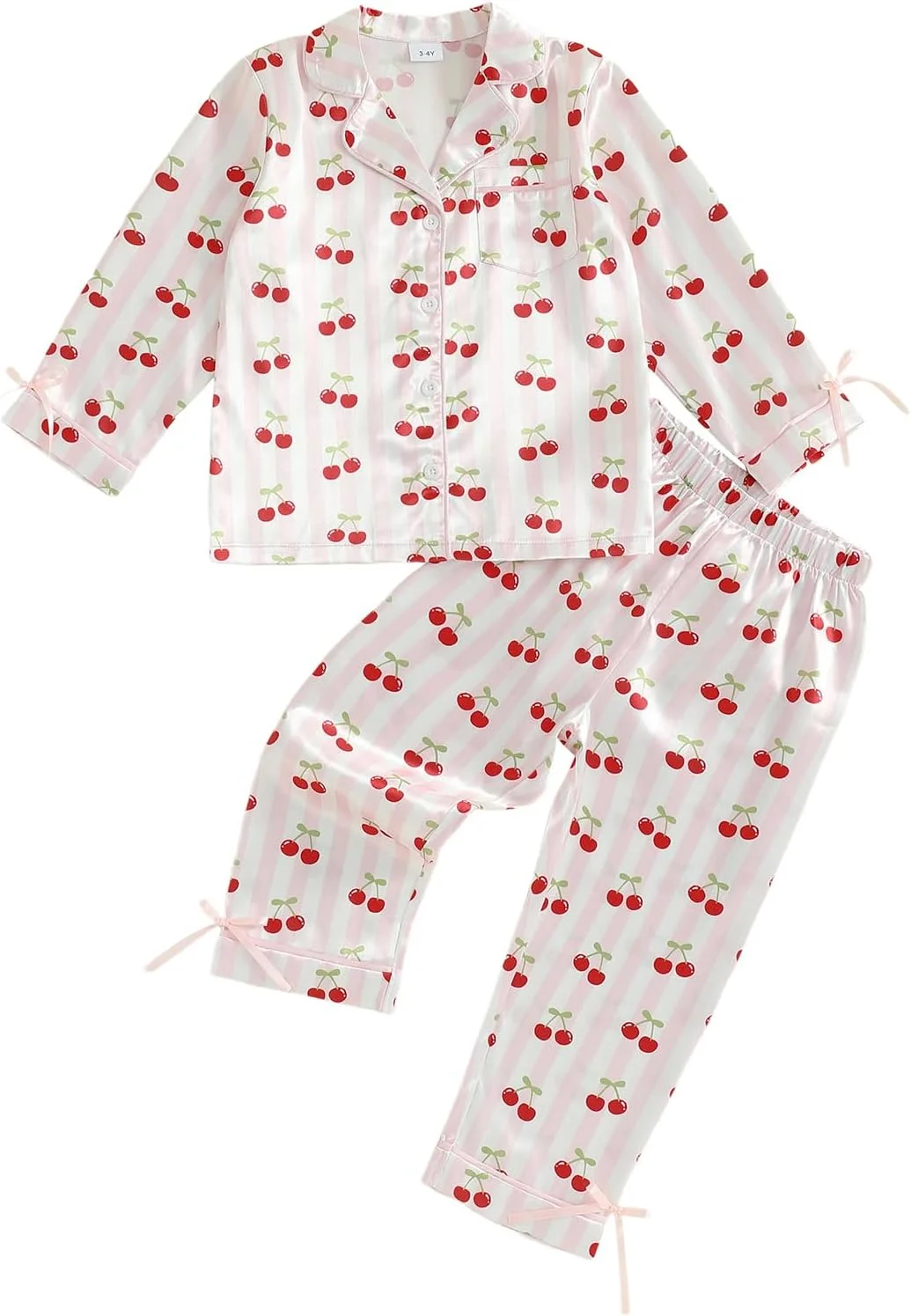 ست لباس خواب ساتن دخترانه MAHUAOYIXI، آستین بلند، یقه برگردان، طرح گیلاس، دکمه دار، تاپ و شلوار کمر کشی، ست 2 تکه، لباس خواب و راحتی نوزاد دختر