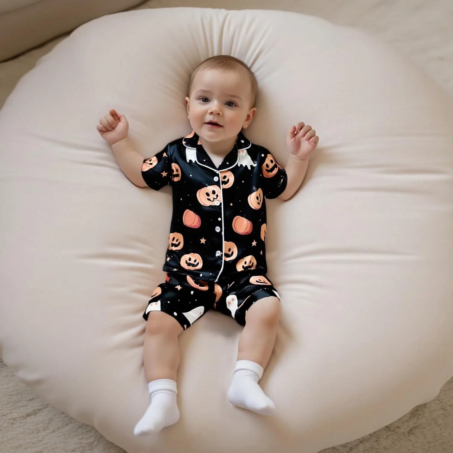 ست پیژامه ساتن پسرانه بچه گانه Edhomenn با طرح شبح و کدو تنبل، آستین کوتاه، دکمه دار، لباس خواب و راحتی