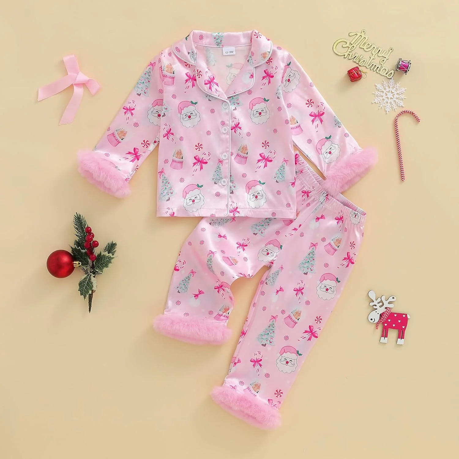 ست لباس خواب کریسمس دخترانه Kouoybt، طرح بابانوئل و پاپیون، دکمه دار، 2 تکه، آستین بلند، تاپ و شلوار