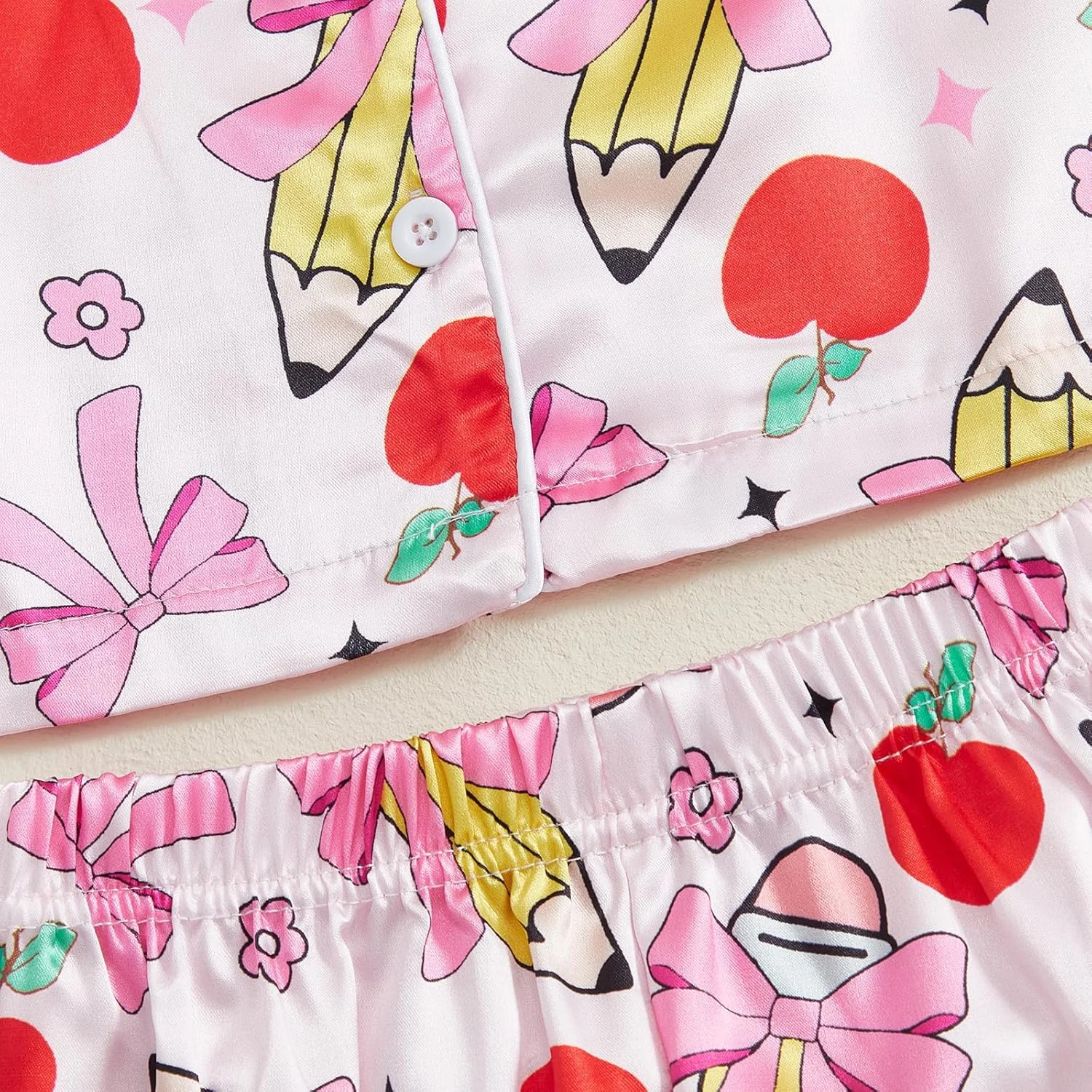 ست پیژامه ساتن دخترانه Geagodelia، آستین بلند، یقه برگردان، طرح سیب و پاپیون، پیراهن دکمه دار و شلوار با کمر کشی، لباس خواب و راحتی برای دختران