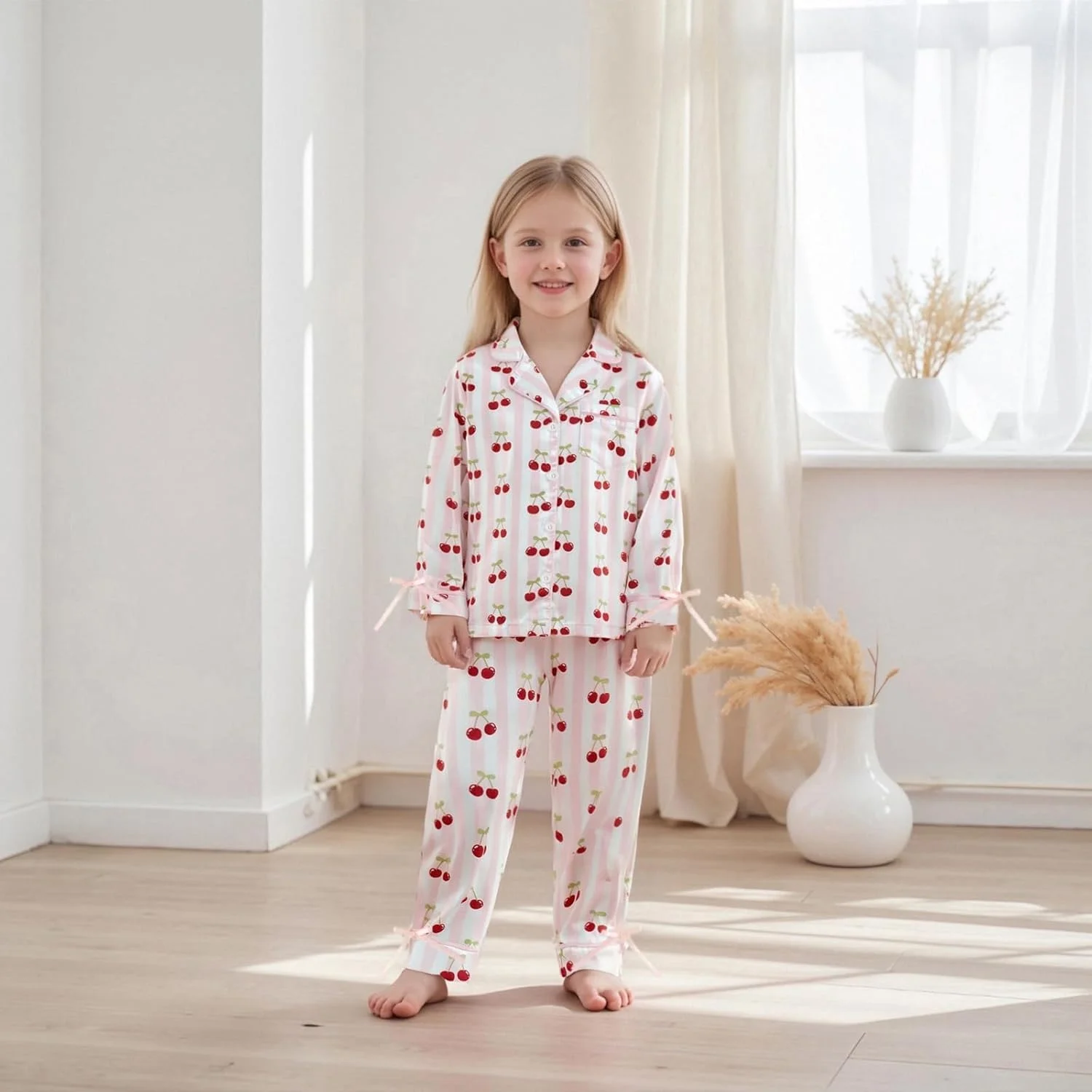 ست لباس خواب ساتن دخترانه MAHUAOYIXI، آستین بلند، یقه برگردان، طرح گیلاس، دکمه دار، تاپ و شلوار کمر کشی، ست 2 تکه، لباس خواب و راحتی نوزاد دختر