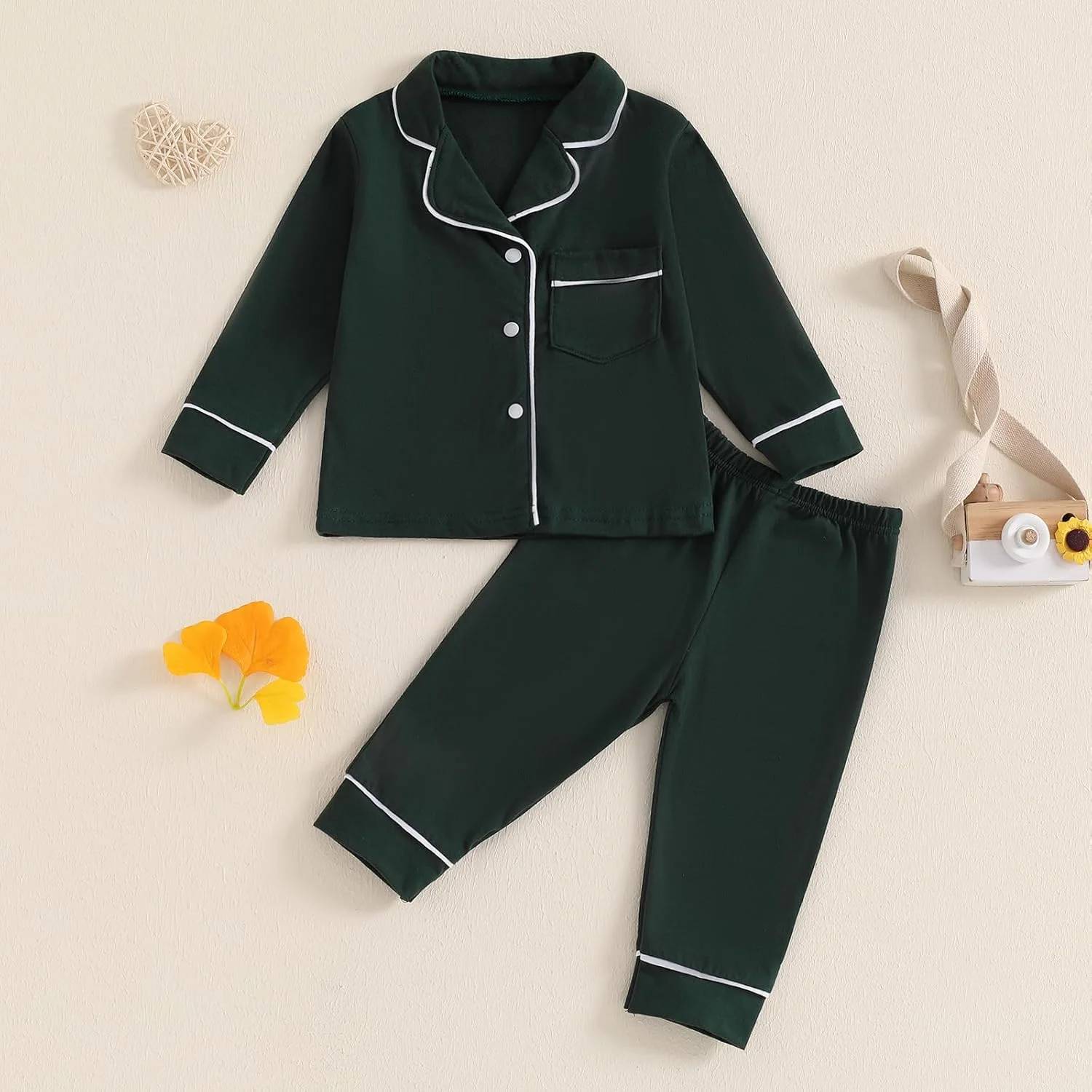 ست لباس خواب بچه گانه MAHUAOYIXI، پیژامه های یکدست دخترانه و پسرانه، آستین بلند، یقه برگردان، دکمه دار، تاپ و شلوار بلند با کمر کشی، لباس خواب دو تکه، لباس راحتی، لباس شب