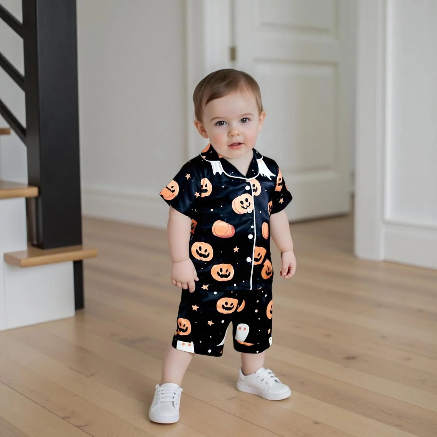 ست پیژامه ساتن پسرانه بچه گانه Edhomenn با طرح شبح و کدو تنبل، آستین کوتاه، دکمه دار، لباس خواب و راحتی