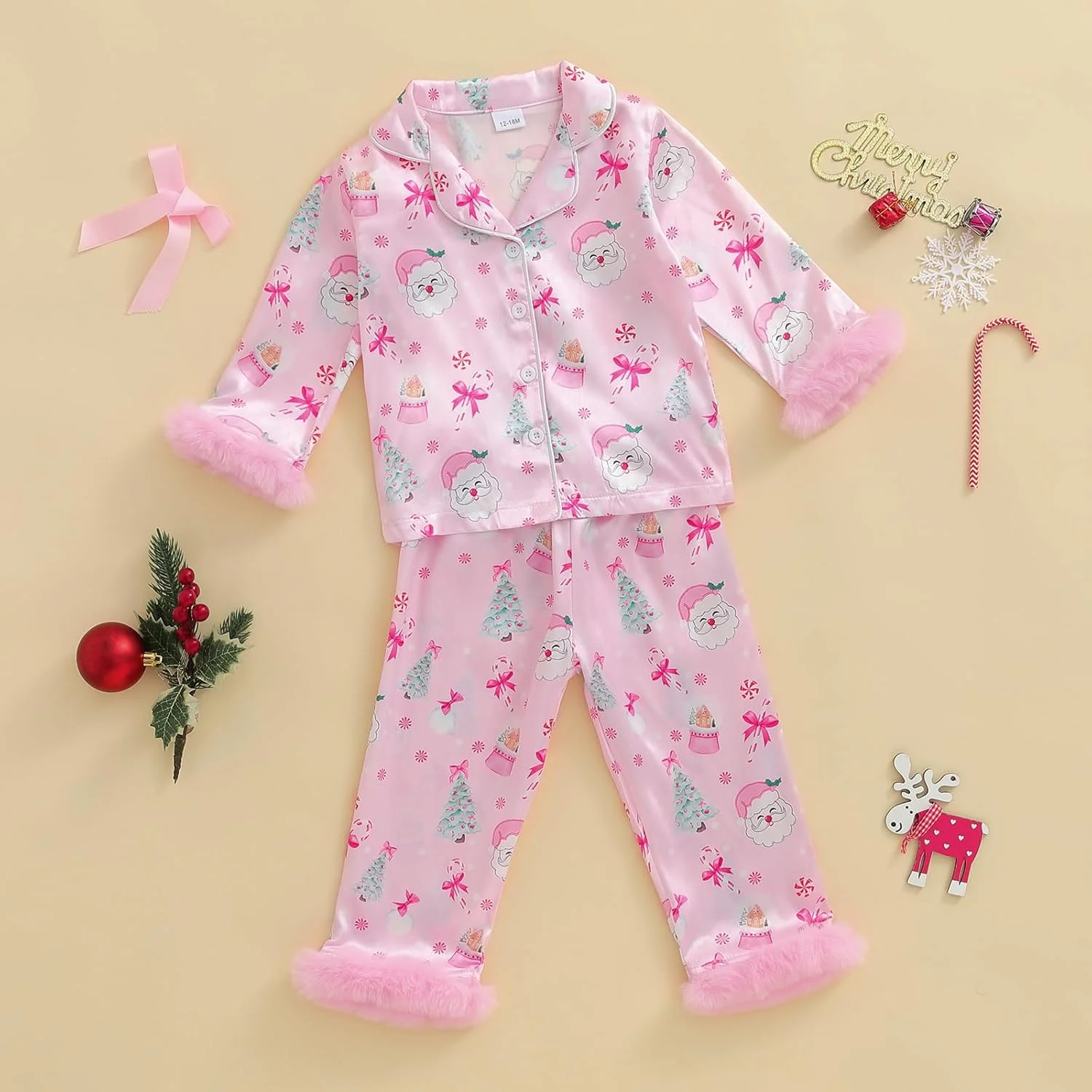 ست لباس خواب کریسمس دخترانه Kouoybt، طرح بابانوئل و پاپیون، دکمه دار، 2 تکه، آستین بلند، تاپ و شلوار