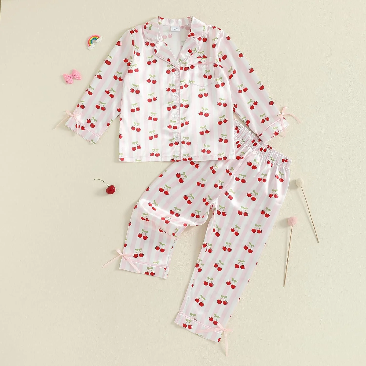 ست لباس خواب ساتن دخترانه MAHUAOYIXI، آستین بلند، یقه برگردان، طرح گیلاس، دکمه دار، تاپ و شلوار کمر کشی، ست 2 تکه، لباس خواب و راحتی نوزاد دختر