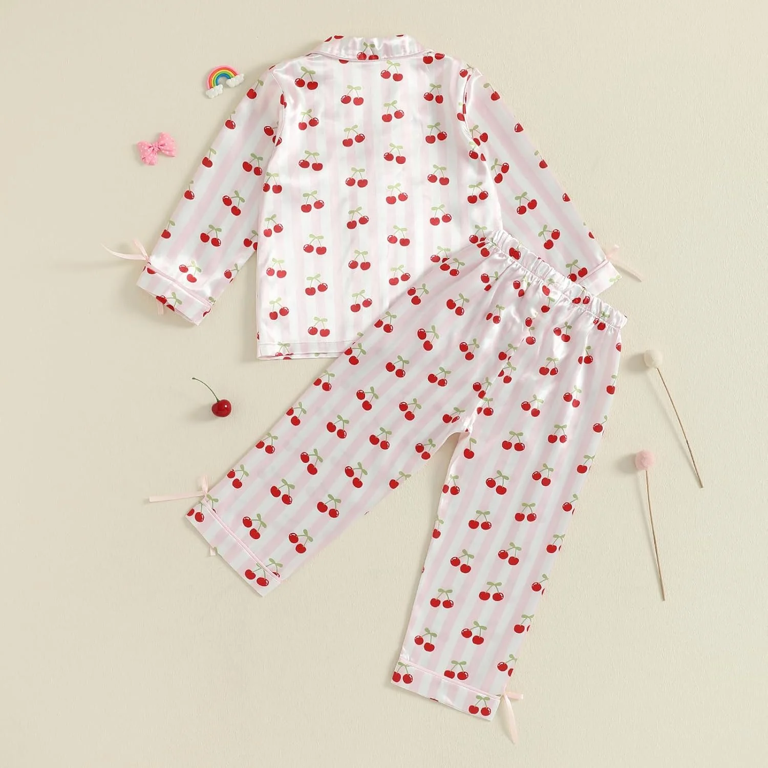 ست لباس خواب ساتن دخترانه MAHUAOYIXI، آستین بلند، یقه برگردان، طرح گیلاس، دکمه دار، تاپ و شلوار کمر کشی، ست 2 تکه، لباس خواب و راحتی نوزاد دختر