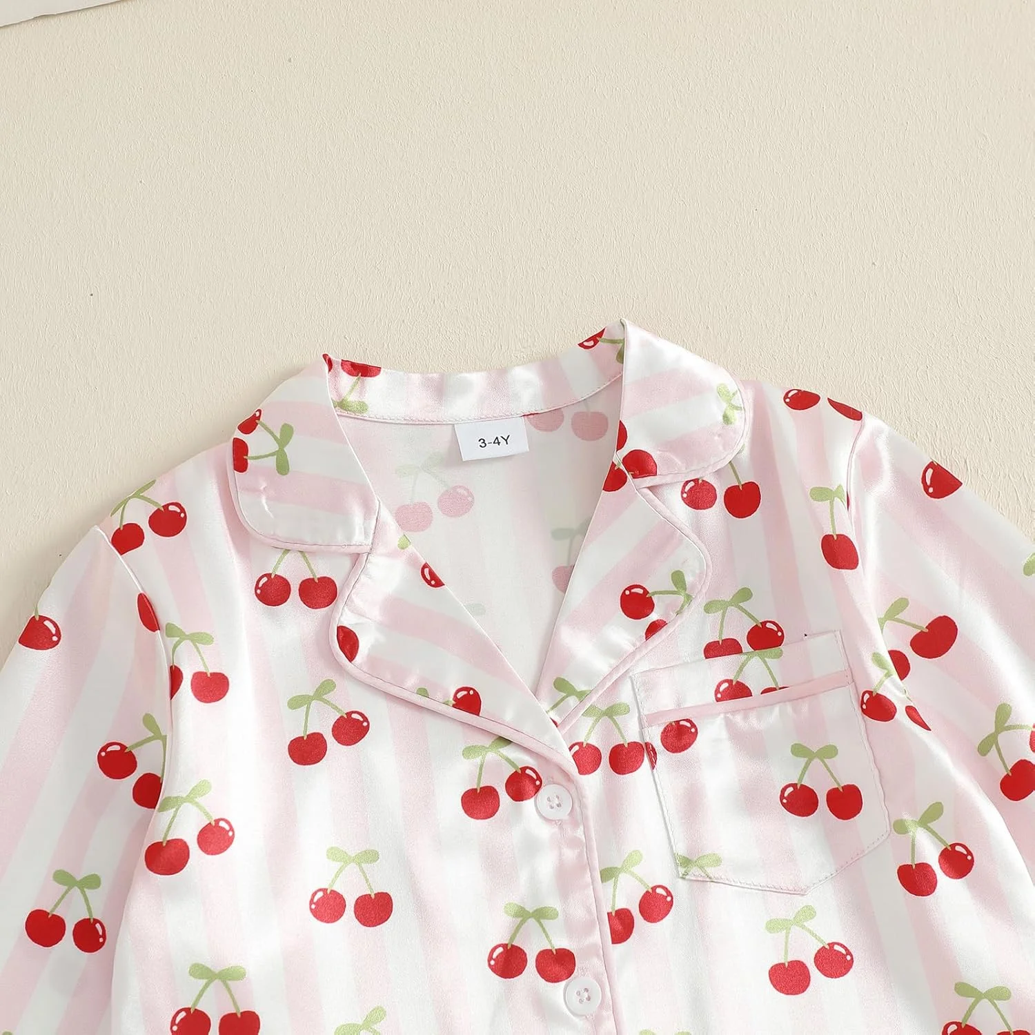 ست لباس خواب ساتن دخترانه MAHUAOYIXI، آستین بلند، یقه برگردان، طرح گیلاس، دکمه دار، تاپ و شلوار کمر کشی، ست 2 تکه، لباس خواب و راحتی نوزاد دختر