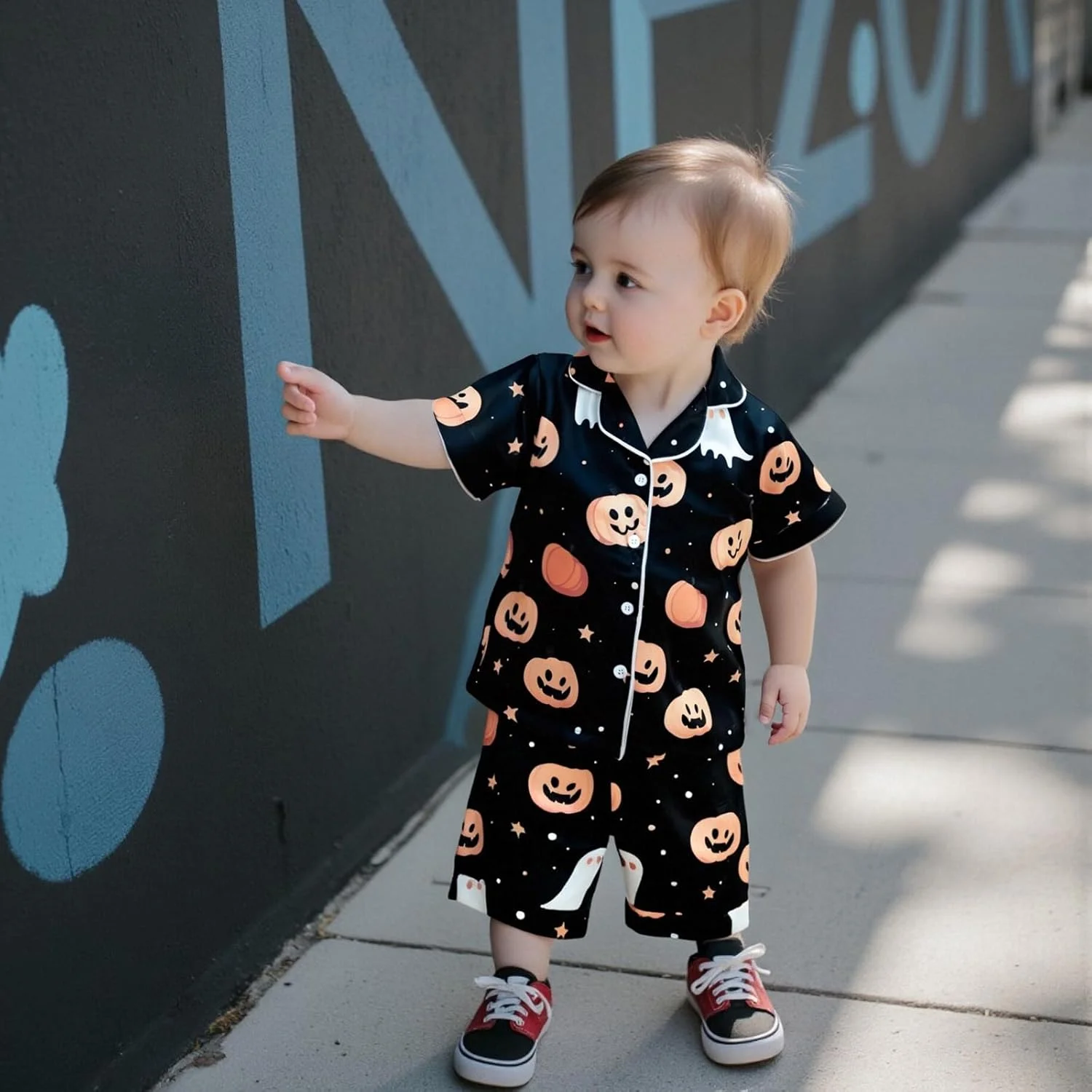 ست پیژامه ساتن پسرانه بچه گانه Edhomenn با طرح شبح و کدو تنبل، آستین کوتاه، دکمه دار، لباس خواب و راحتی